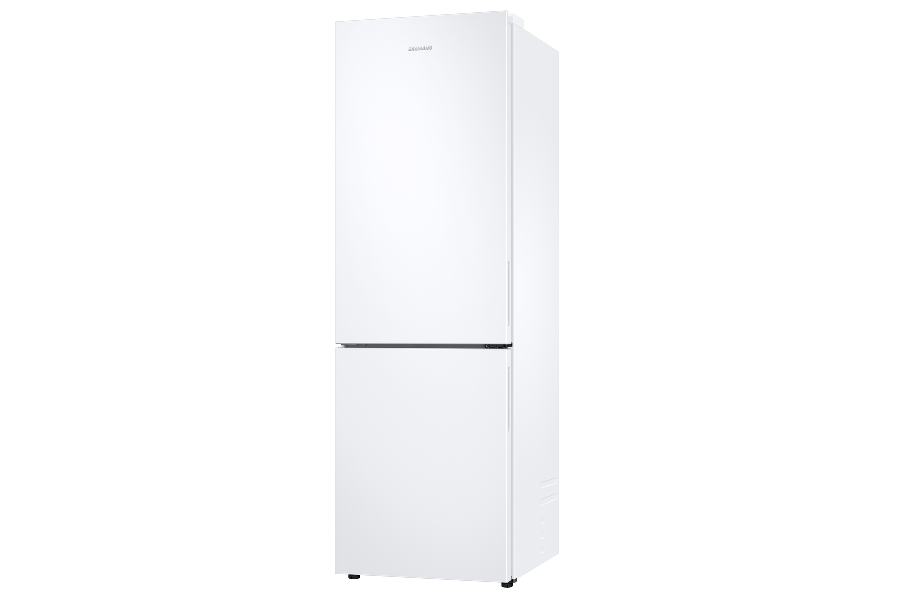 Un frigorifero Samsung bianco. Ha due porte: superiore e inferiore, su sfondo bianco.