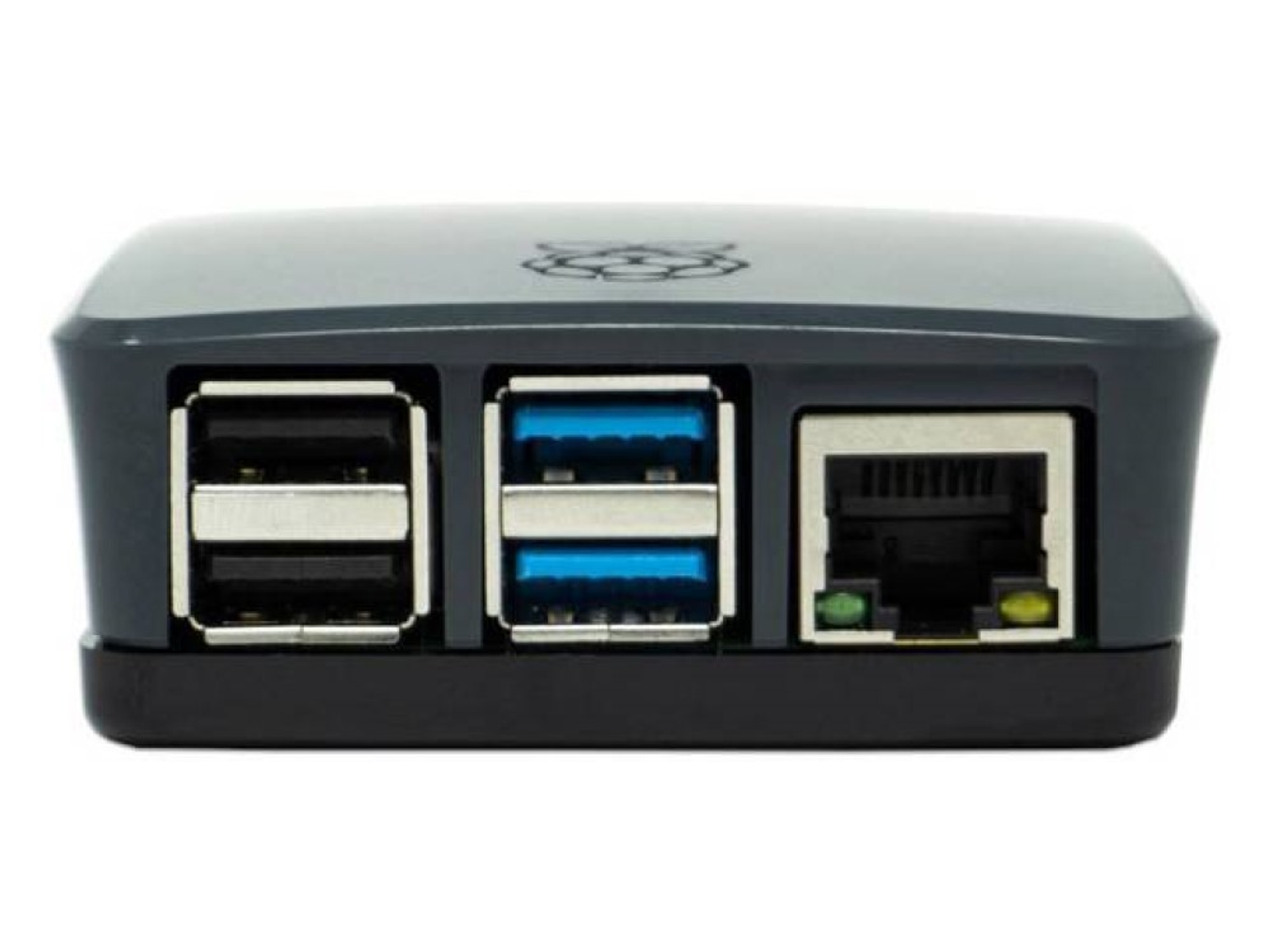 Raspberry Pi gris con puertos USB, Ethernet y un logotipo en la parte superior.