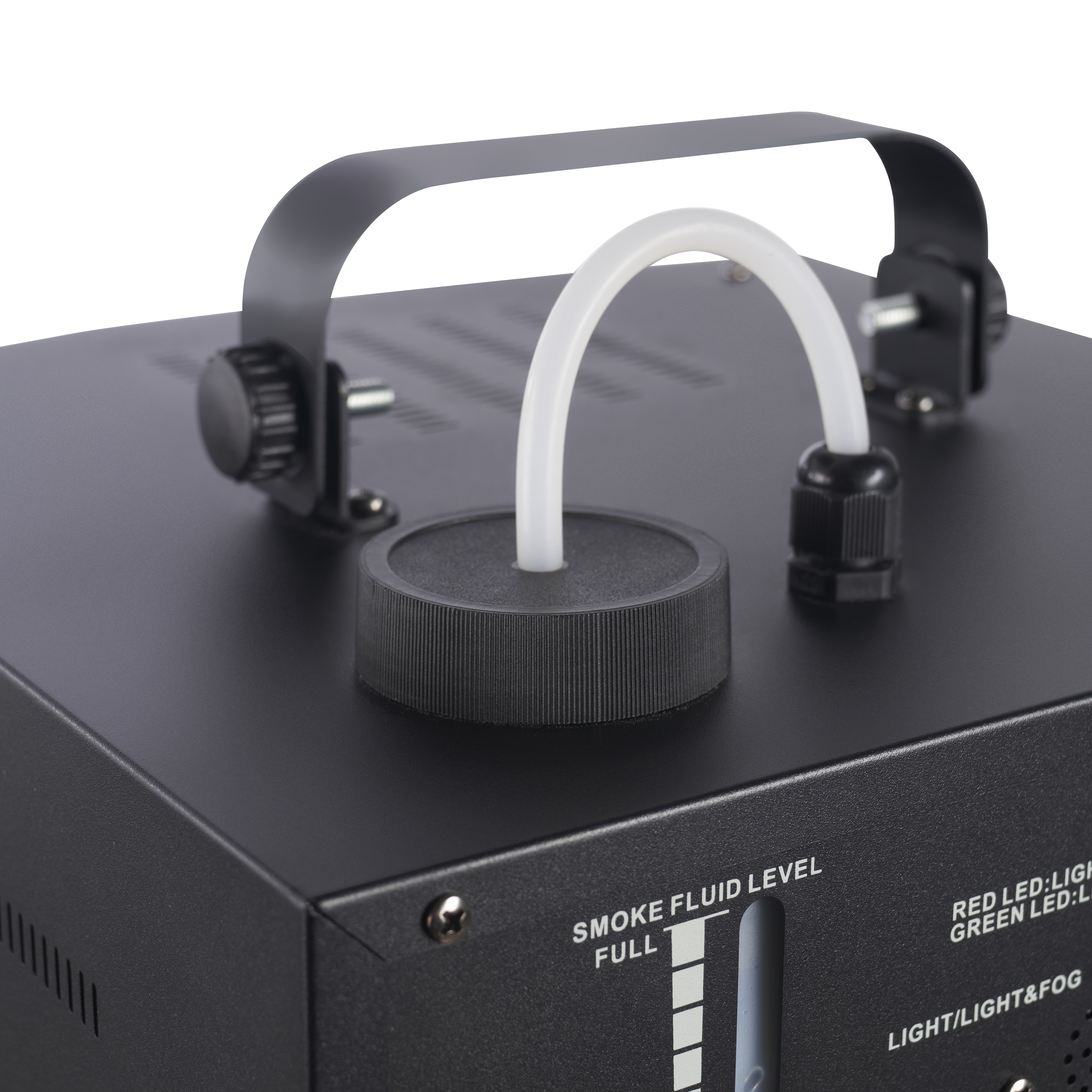 A black fog machine with a handle and a white tube. It has a smoke fluid level indicator.