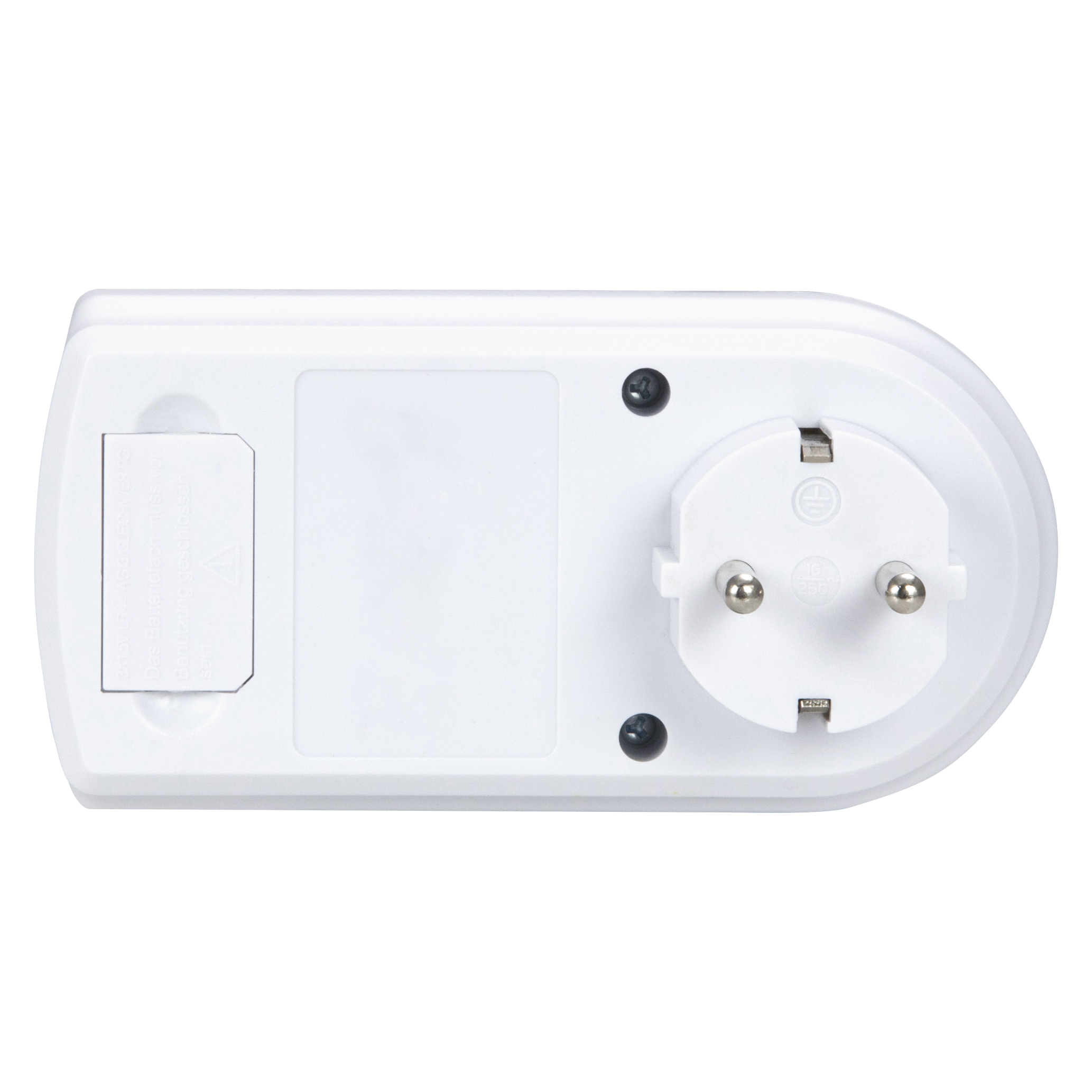 Weißer Elektroadapter mit dreipoligem Stecker. Er hat ein Batteriefach und einen Einschaltknopf.