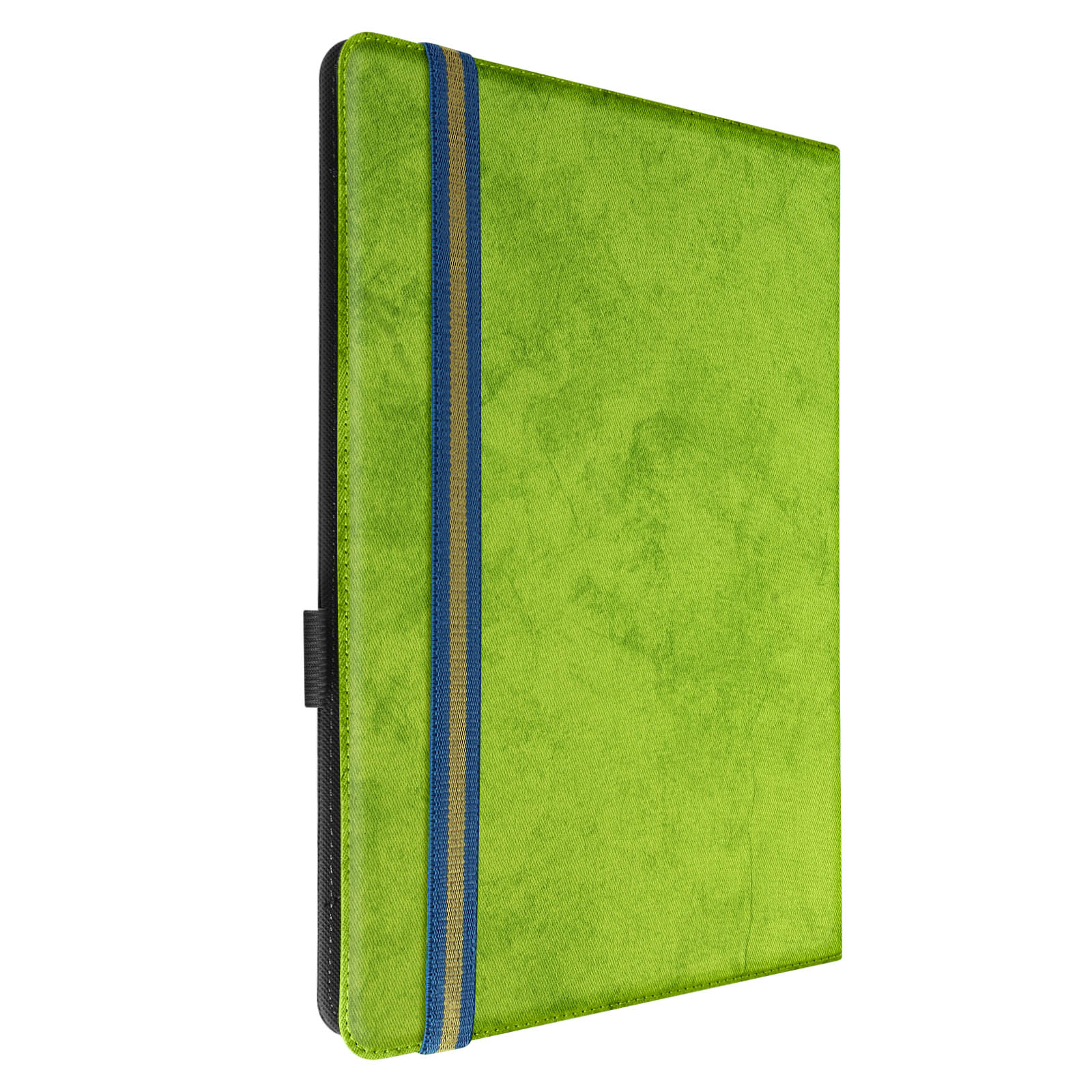 Custodia verde per tablet con una striscia blu e oro. La custodia è chiusa. Una linguetta nera è visibile.