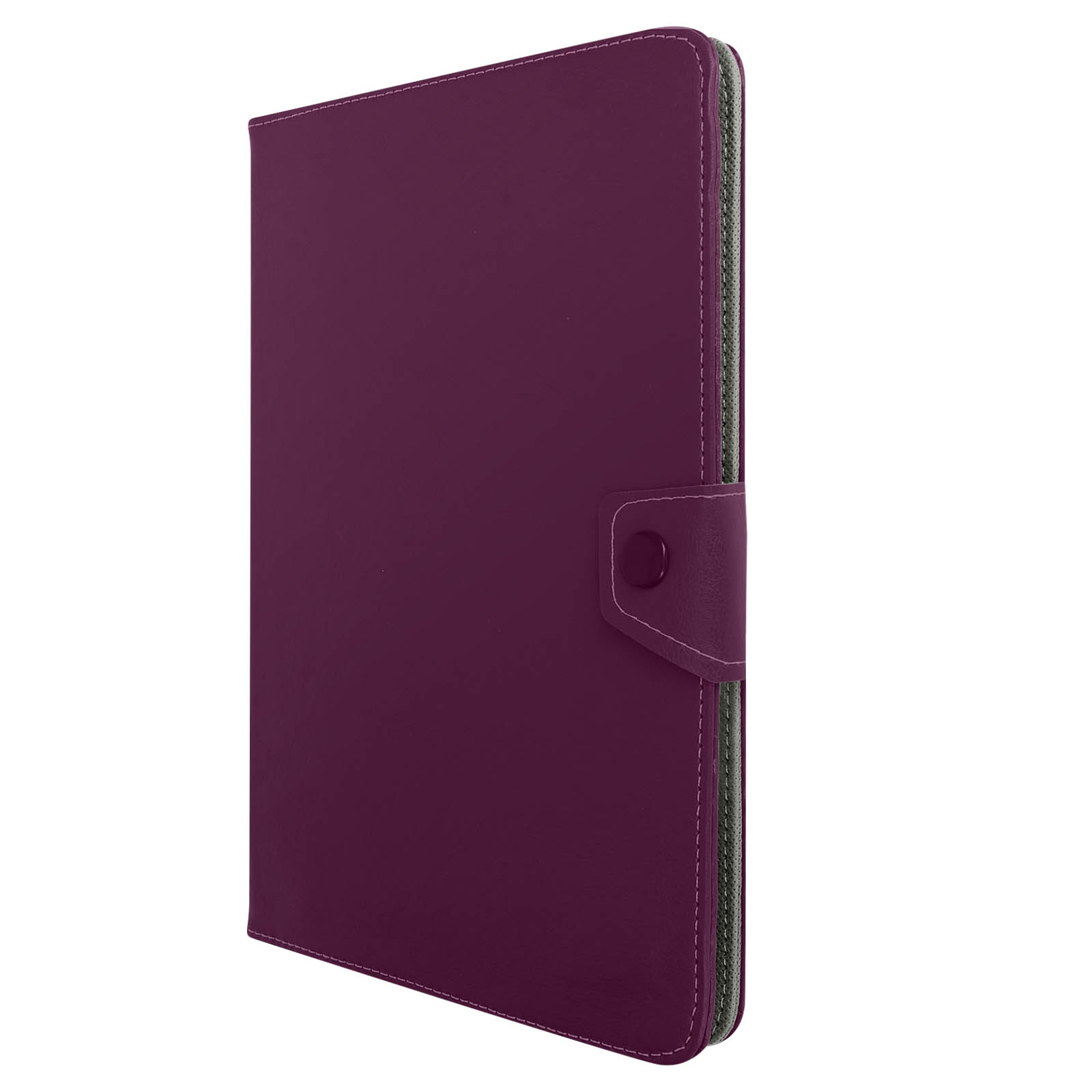 Custodia per tablet chiusa, viola scuro, con chiusura a bottone. Sfondo bianco.