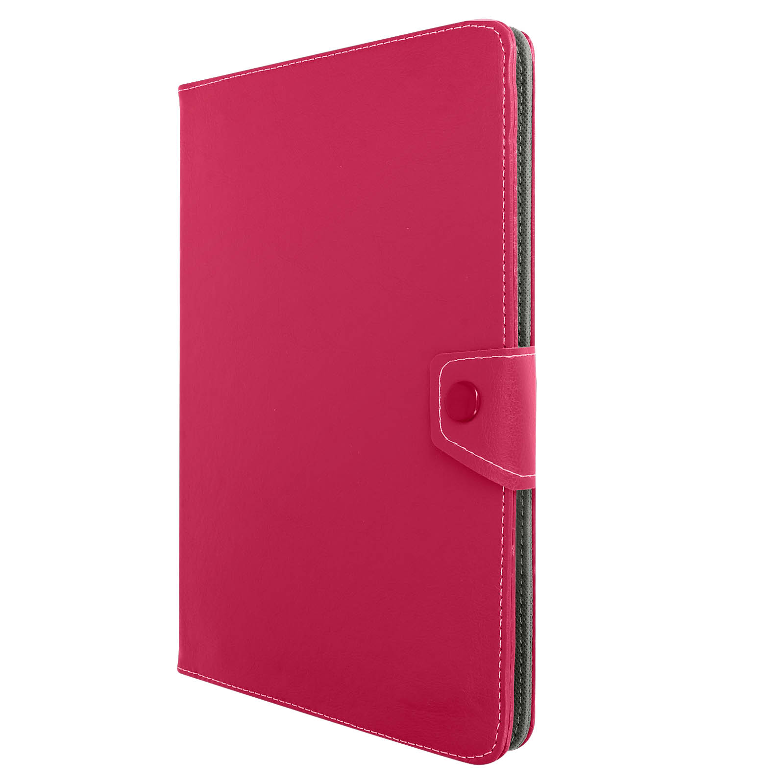 Custodia rosa per tablet con chiusura a bottone. Texture liscia, similpelle, con cuciture bianche.