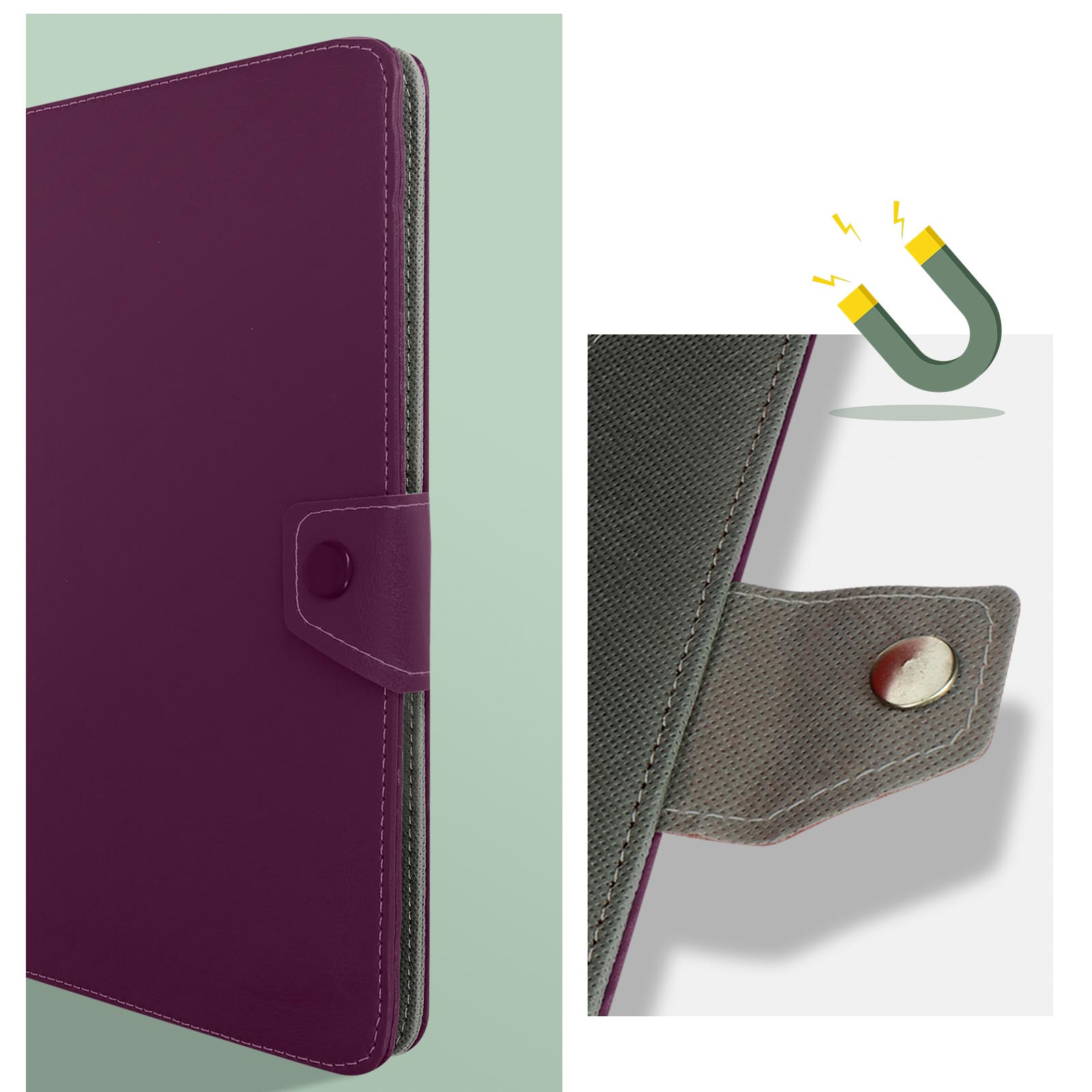 Custodia per telefono viola con chiusura a scatto, primo piano della chiusura. Icona magnete.