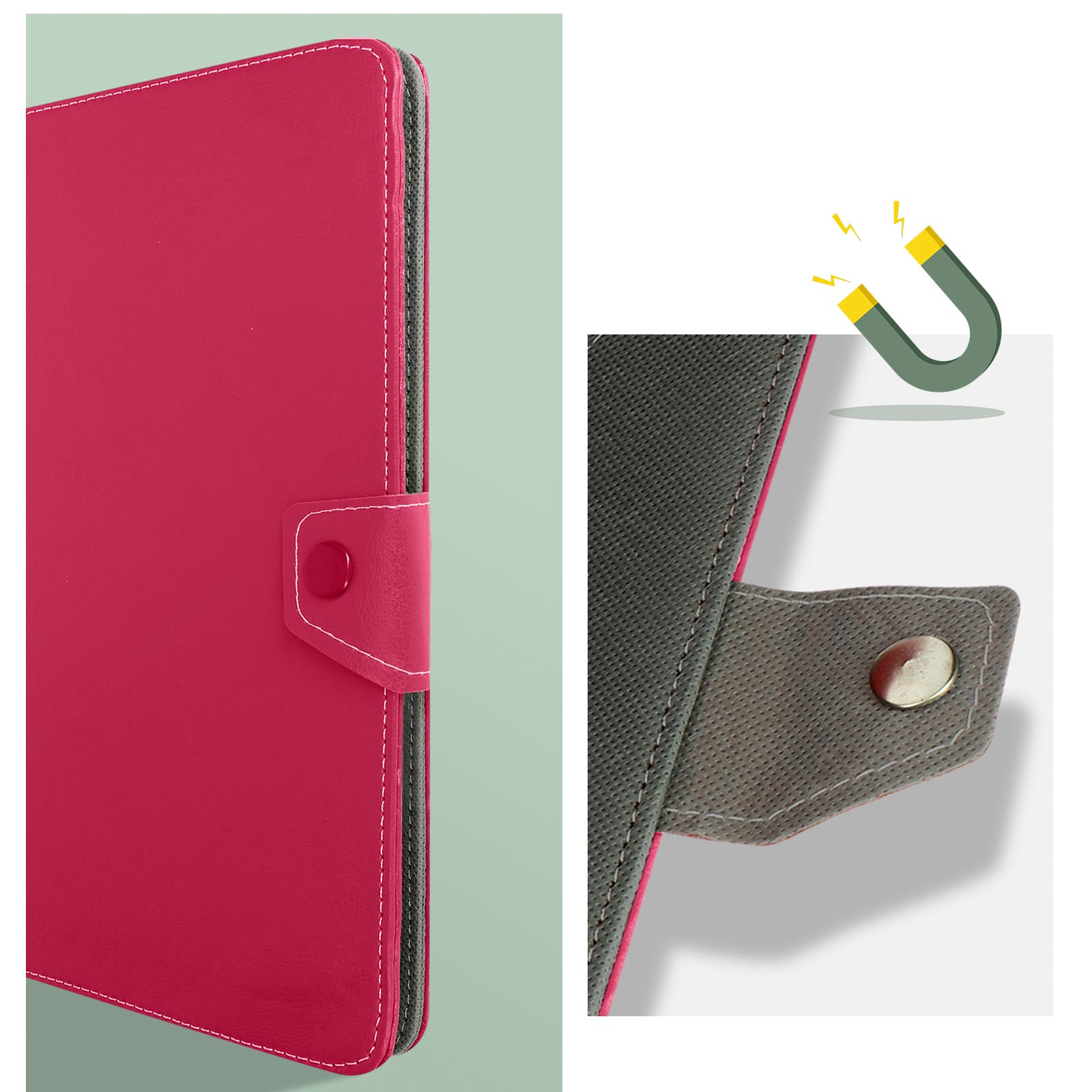 Una custodia per tablet in pelle rossa con chiusura a bottone e chiusura magnetica, su sfondo verde chiaro.