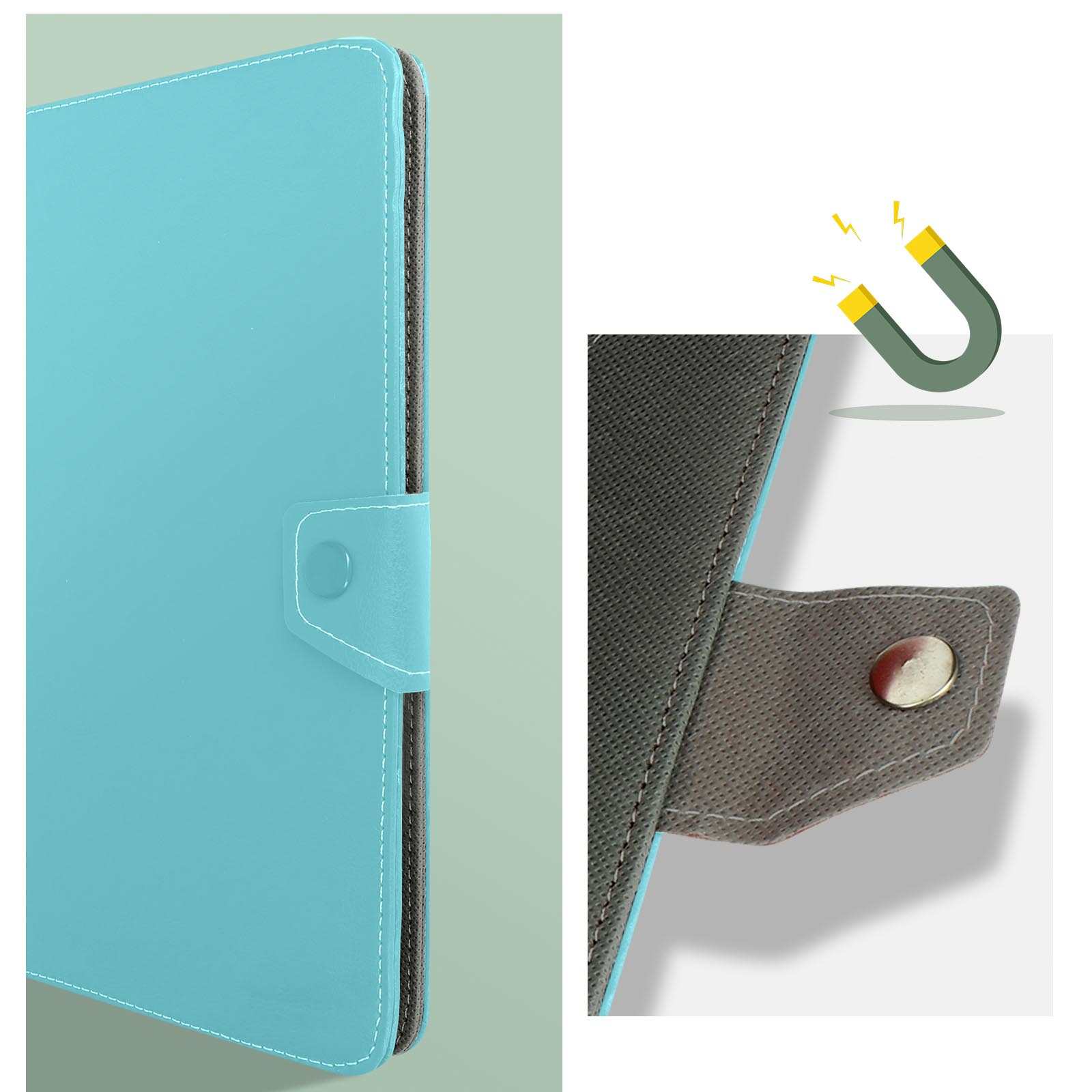 Primo piano di una custodia per telefono azzurra. Dettaglio di chiusura magnetica a destra.