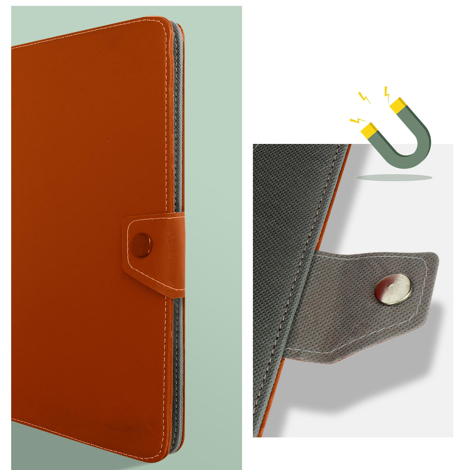 Custodia marrone per tablet con chiusura a bottone. Primo piano mostra cuciture bianche e chiusura magnetica.