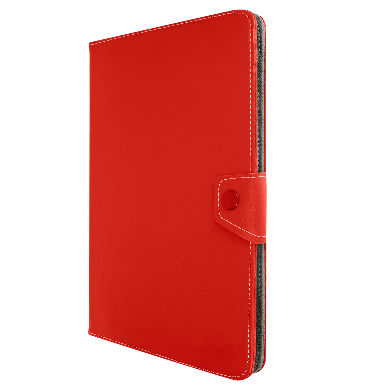 Custodia per tablet rossa. Chiusa, con un bottone. Cuciture bianche. Interno scuro.