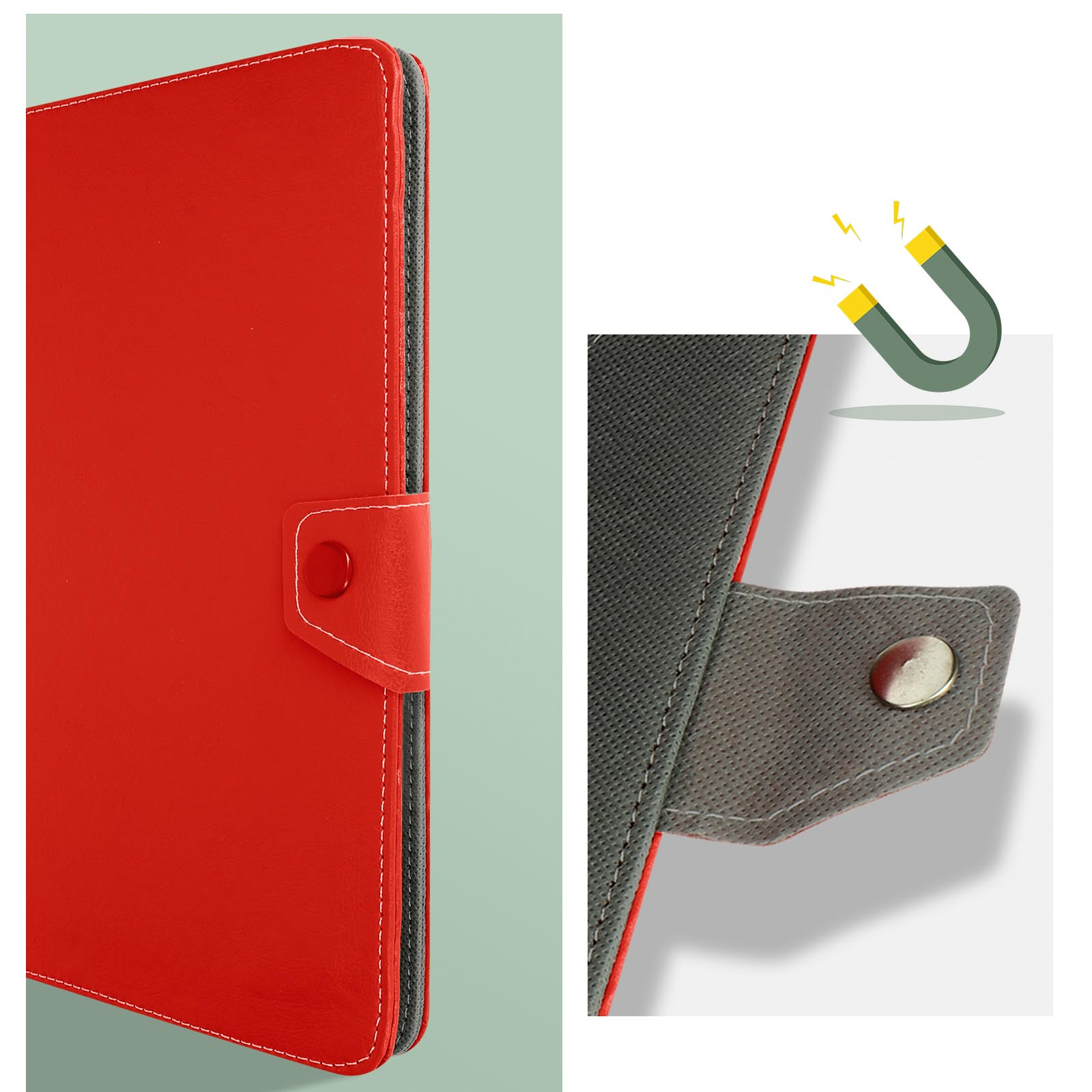 Custodia rossa per tablet, primo piano della chiusura magnetica. Icona della calamita.
