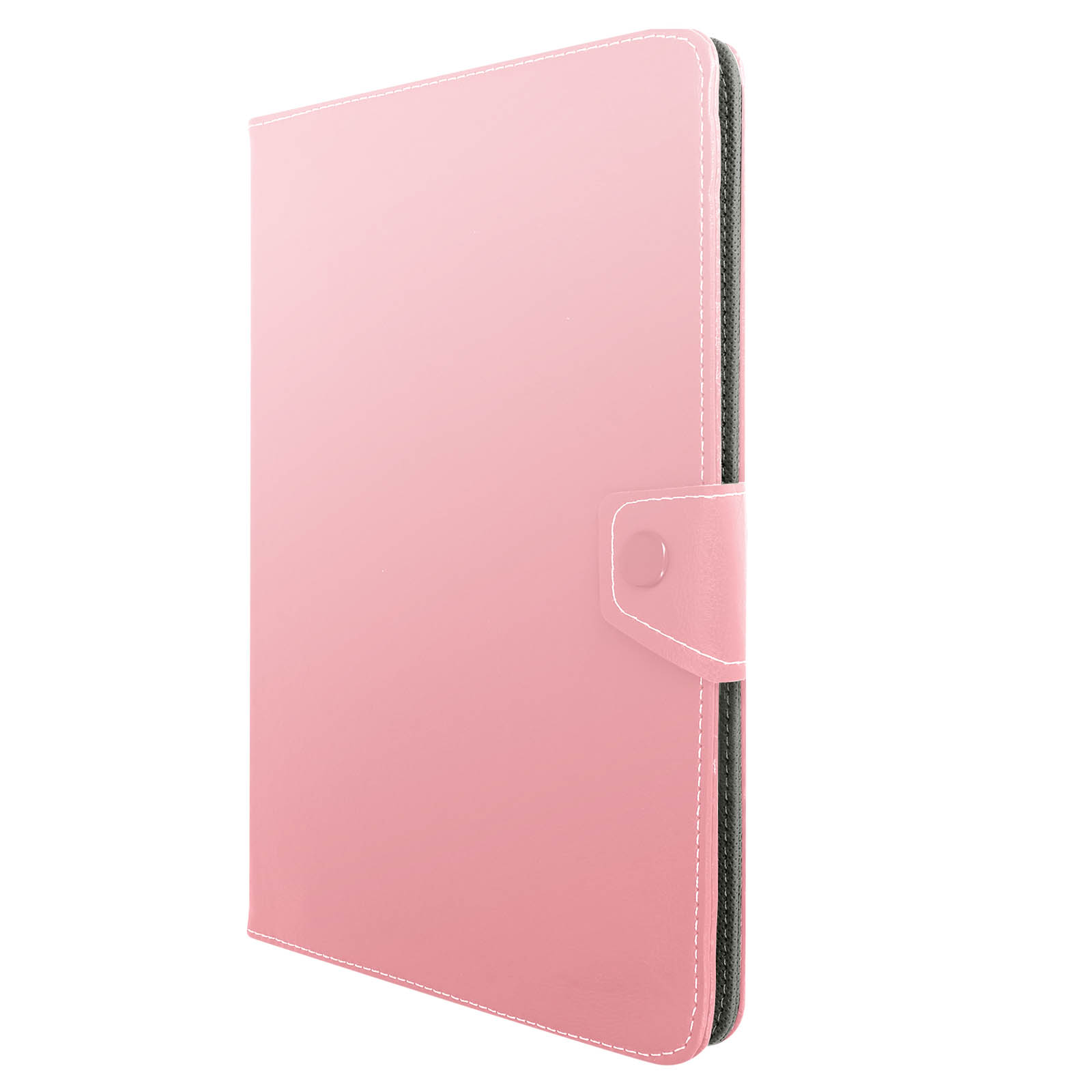 Custodia per tablet in pelle rosa, chiusa, con chiusura a bottone. Sfondo bianco.