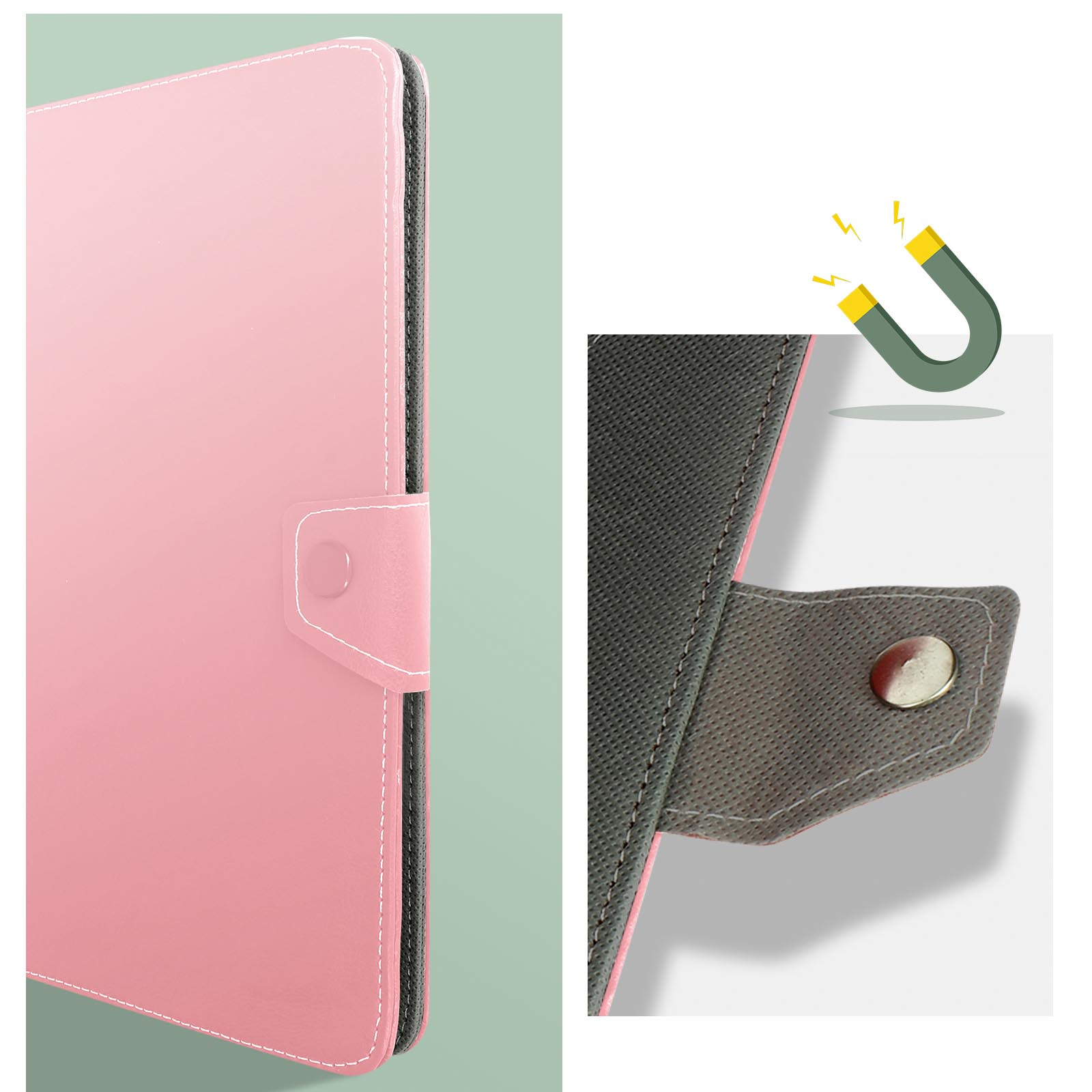 Custodia rosa per tablet con chiusura magnetica. La custodia ha cuciture bianche e un magnete.