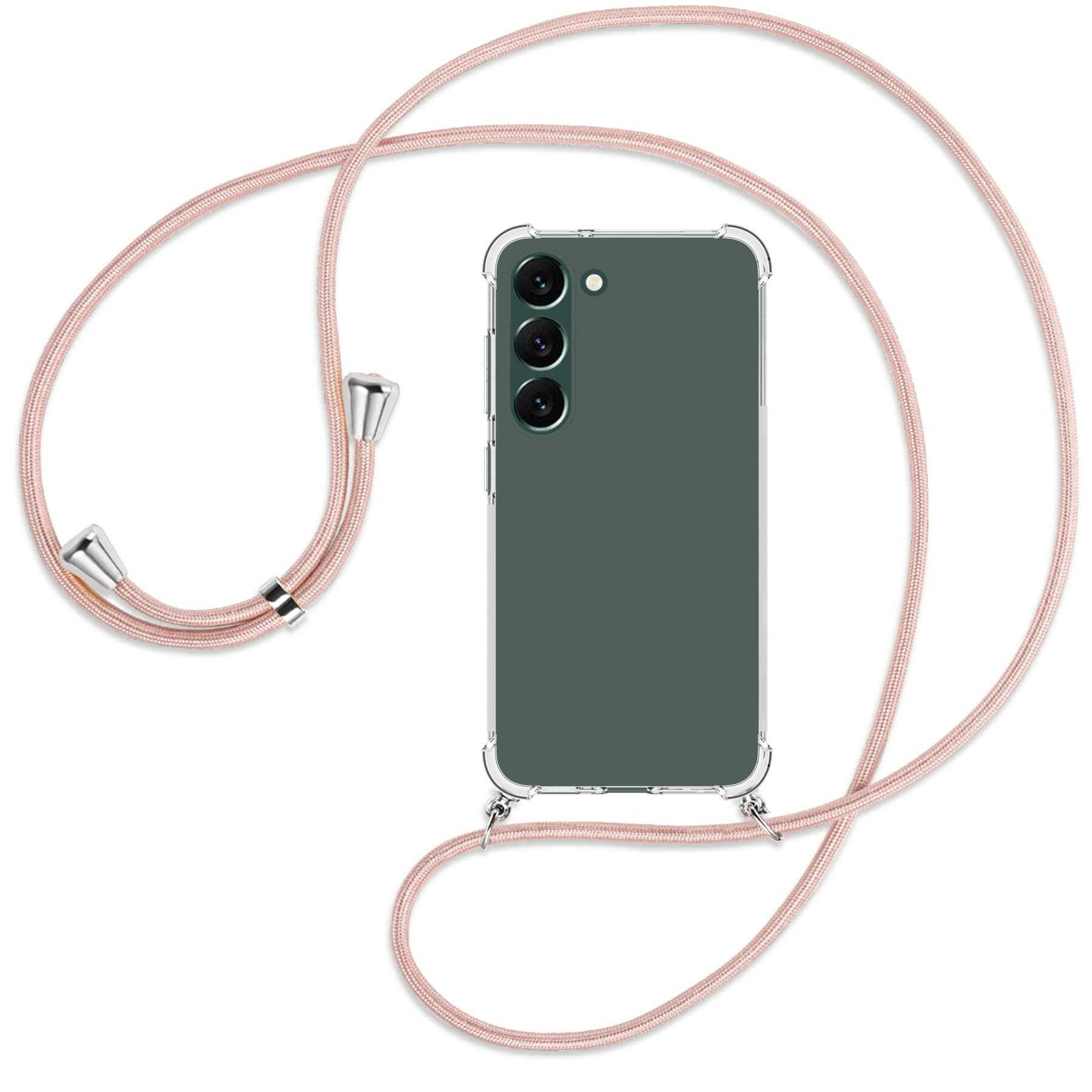 Transparente Handyhülle mit rosa Kordel. Telefon hat drei Kameras und ist grün.
