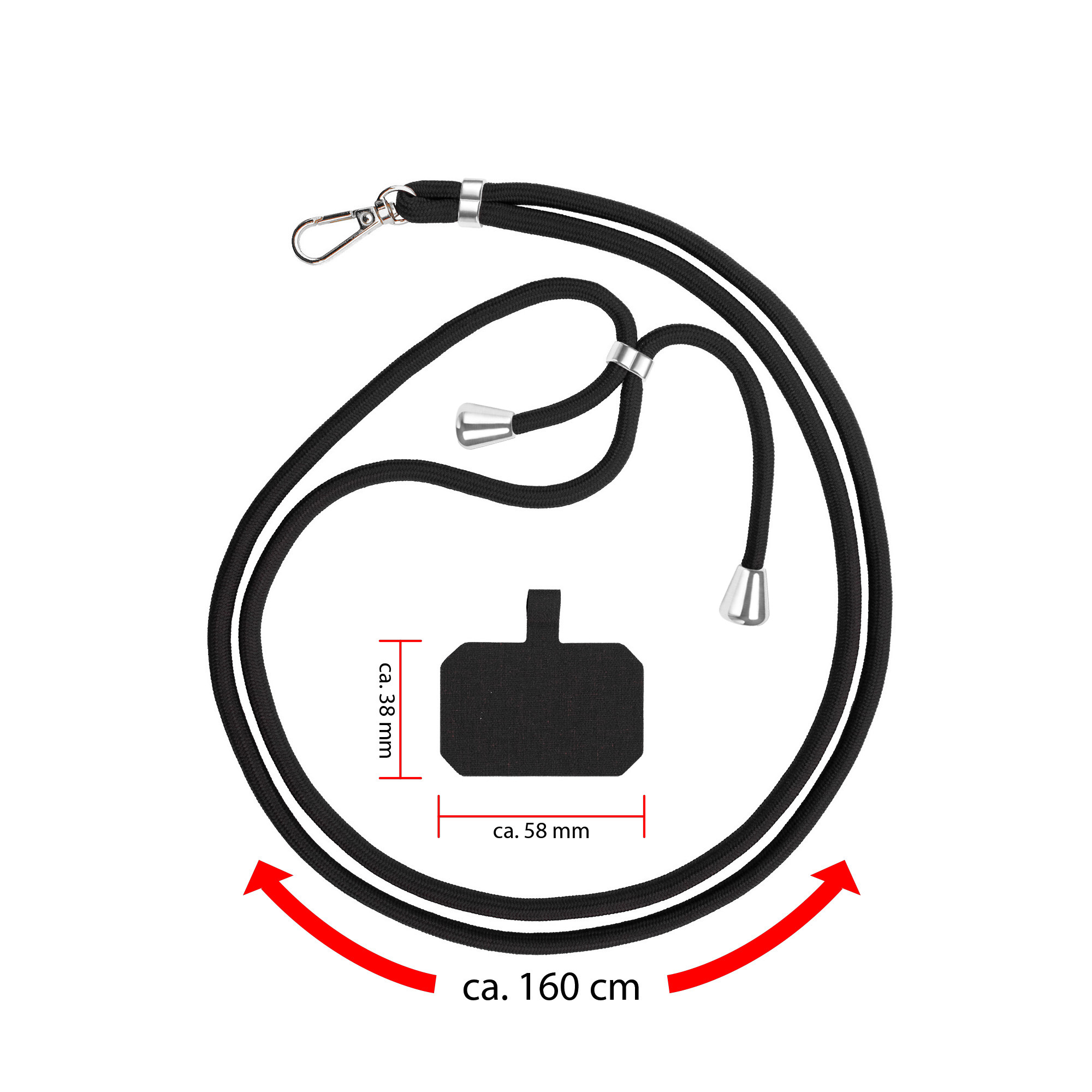 Schwarzes Telefon-Lanyard mit Maßen. Das Lanyard hat eine Handyhalterung und einen Verschluss.