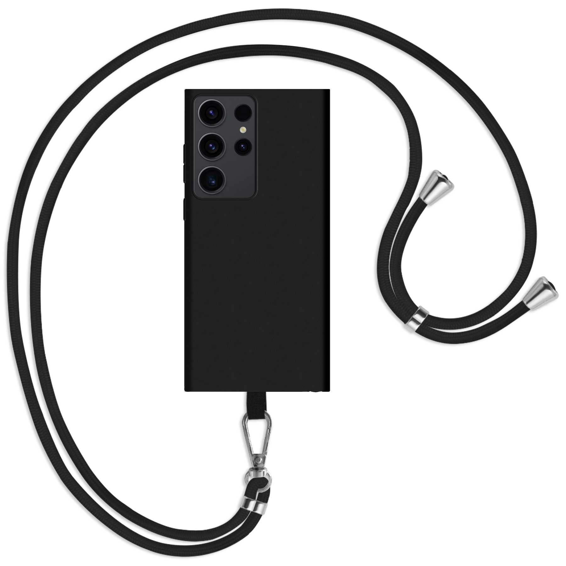 Ein schwarzes Smartphone mit Lanyard und schwarzer Hülle.