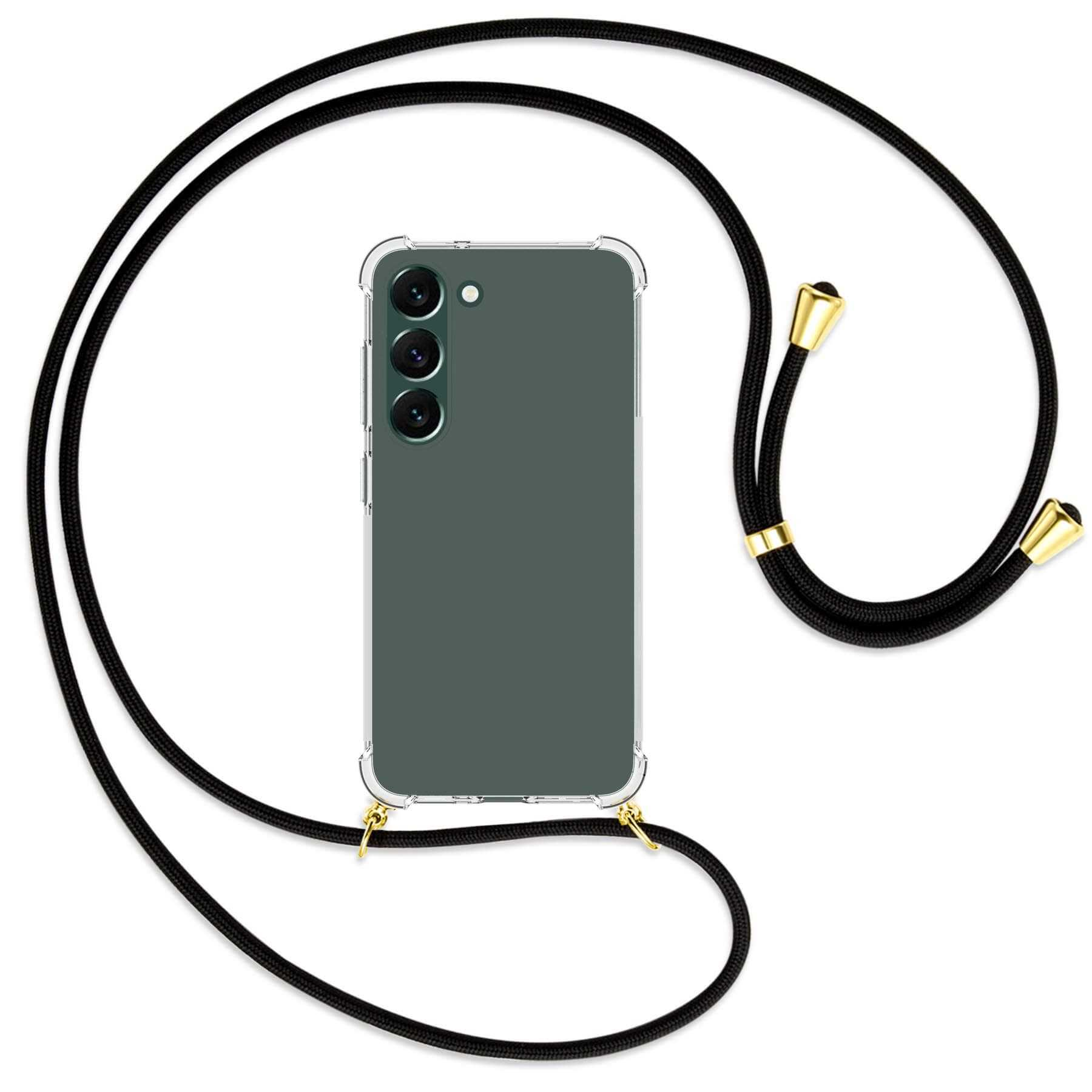 Telefon mit klarer Hülle und schwarzem Umhängeband. Umhängeband mit schwarzen Kordeln und goldenen Akzenten.