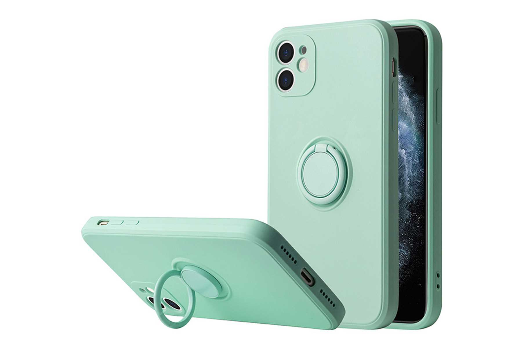 Eine mintgrüne Handyhülle mit Ringhalter, die das Telefon aus verschiedenen Winkeln zeigt.