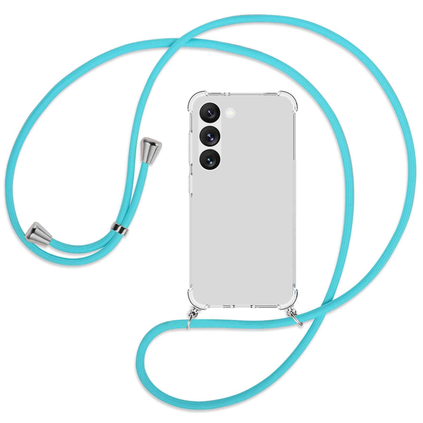 Telefon mit blauem Band und silbernen Akzenten auf weißem Hintergrund. Drei Kameras sichtbar.
