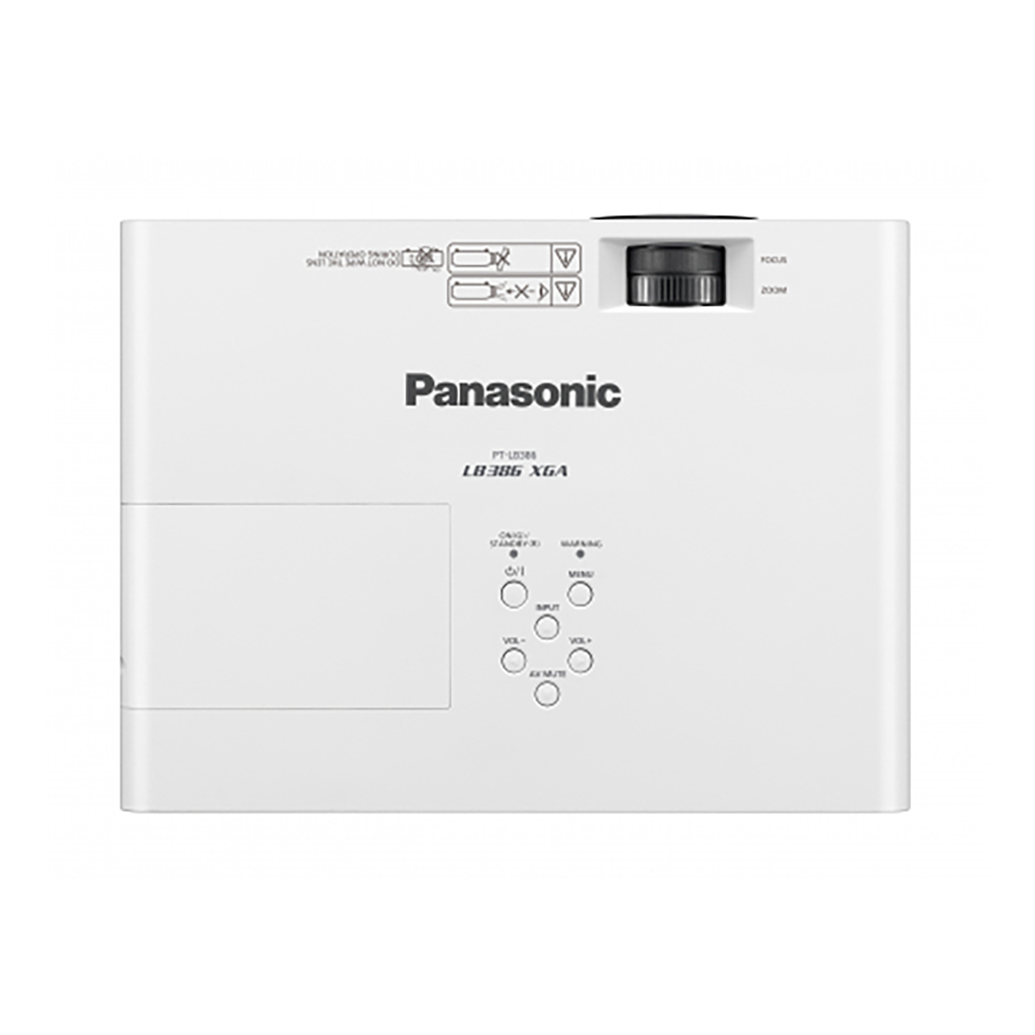 Proiettore Panasonic bianco con pulsanti e lente, su sfondo bianco.