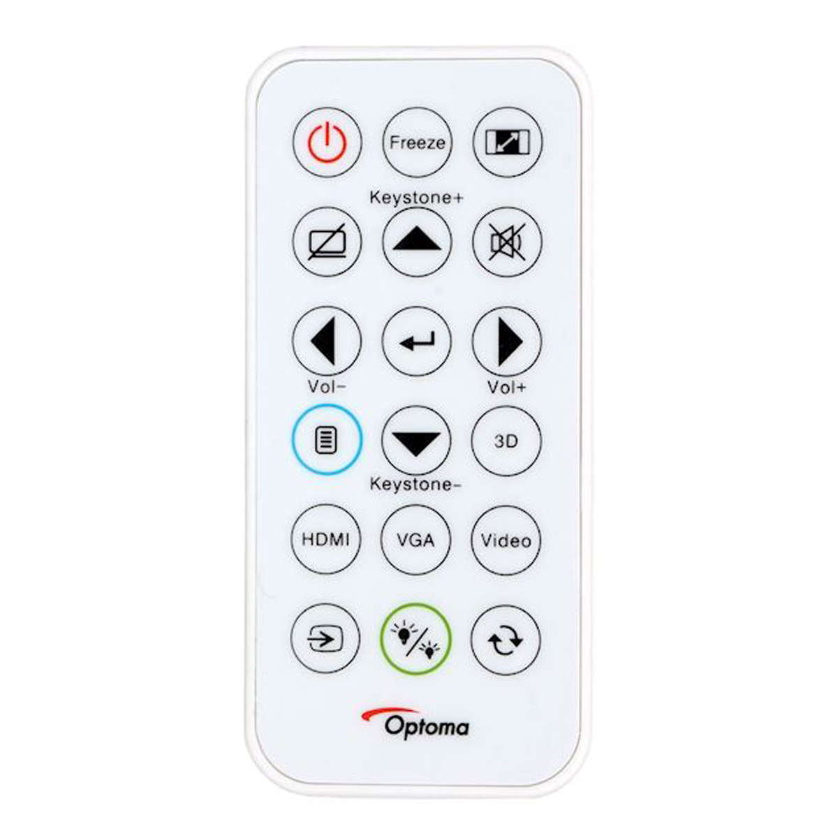 Telecomando proiettore bianco con vari pulsanti: accensione, freeze, tasti freccia, HDMI, VGA e altro.