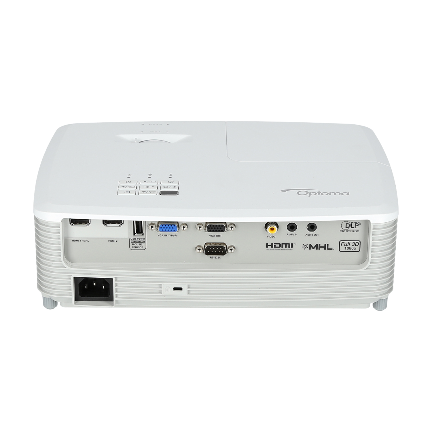 Un proyector Optoma blanco con múltiples puertos. La parte trasera muestra HDMI, VGA y otros conectores.