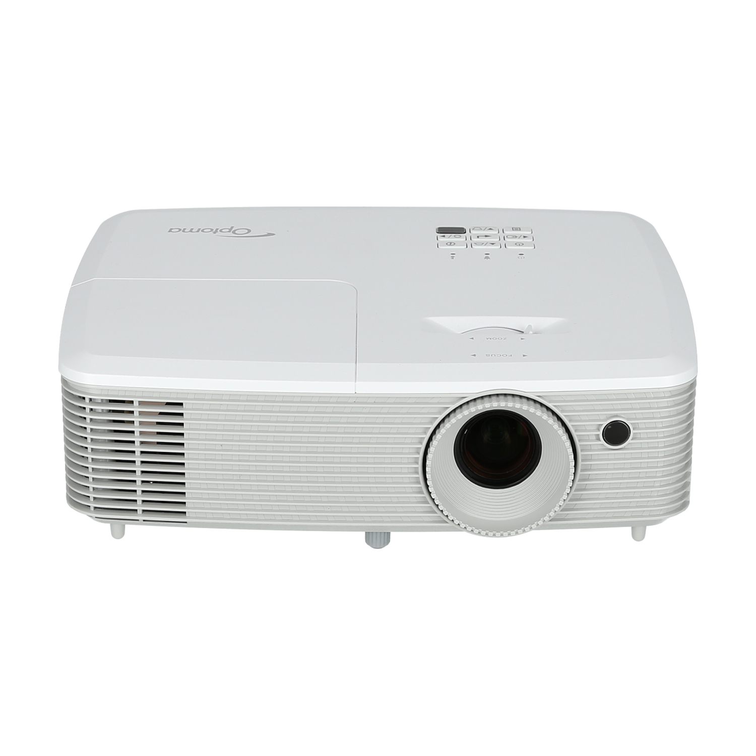 Un proyector Optoma blanco. Tiene una lente y botones de control en la parte superior, y un diseño similar a una rejilla.