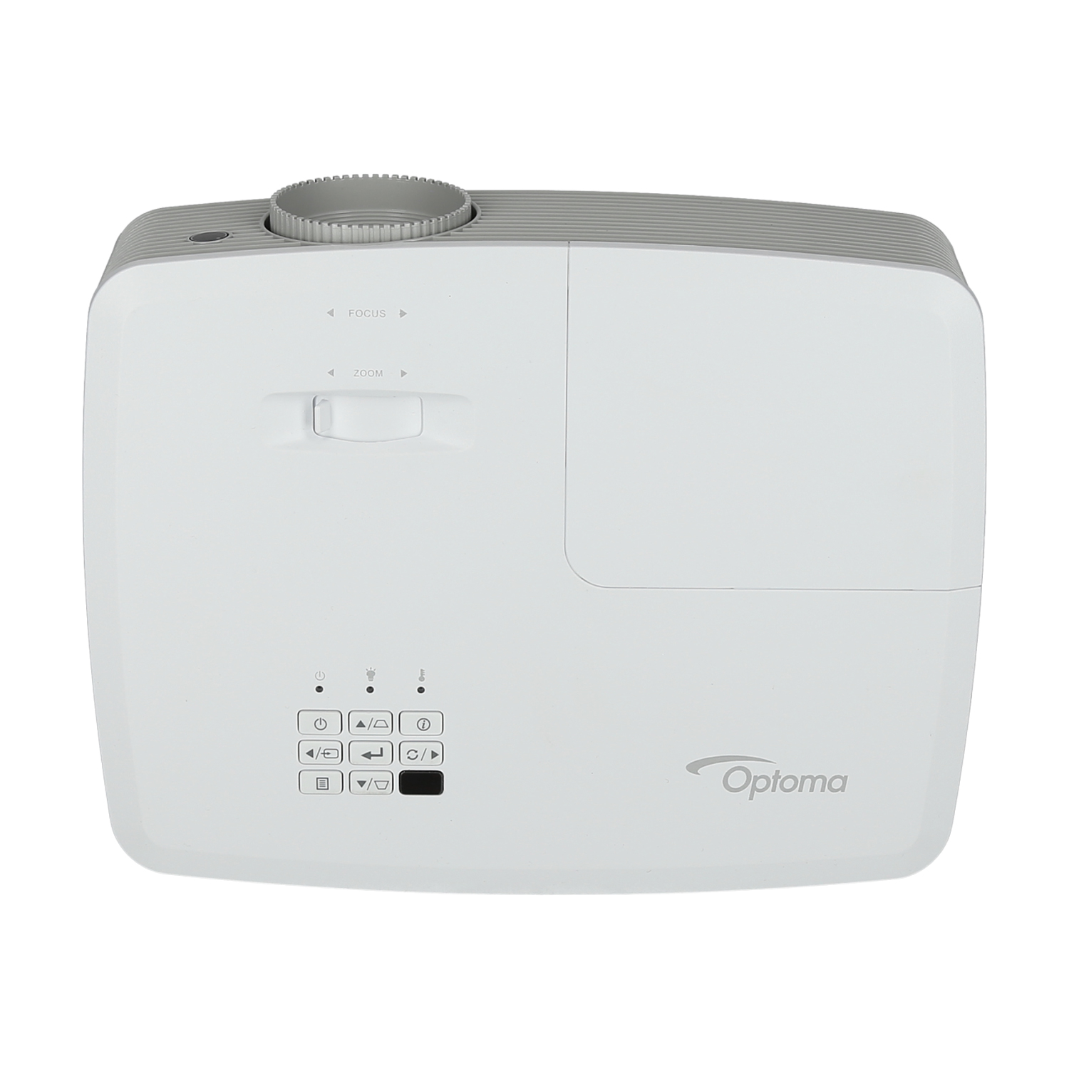 Un proyector Optoma blanco con panel superior y frontal, muestra controles y logotipo.