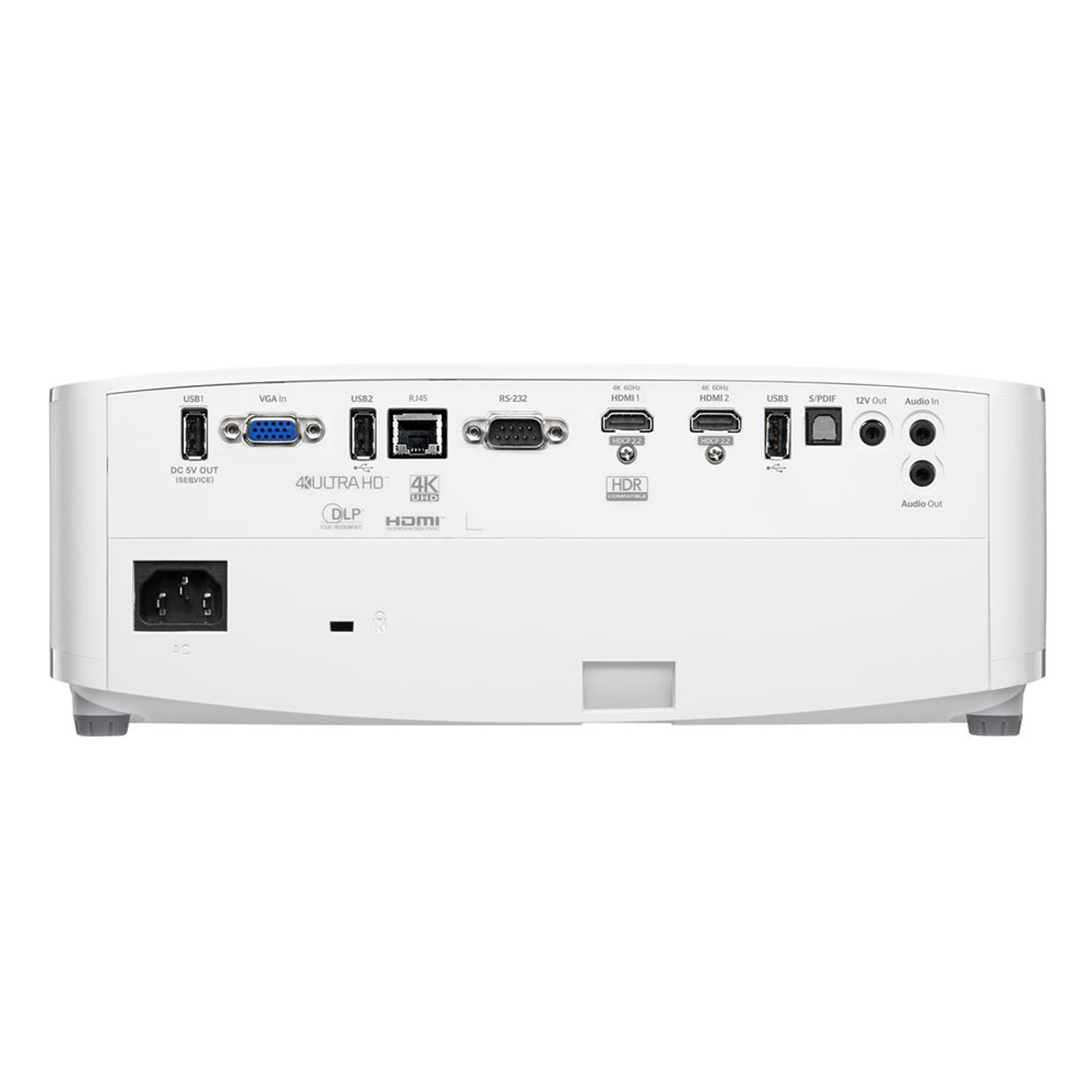 Parte trasera de un proyector Optoma blanco con múltiples puertos y conexiones.