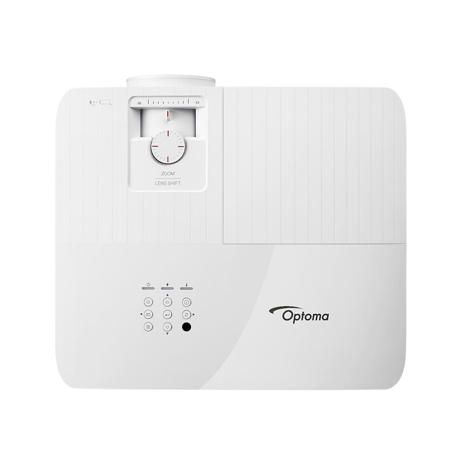 Un proyector Optoma blanco con una lente y un panel de control en la parte superior.