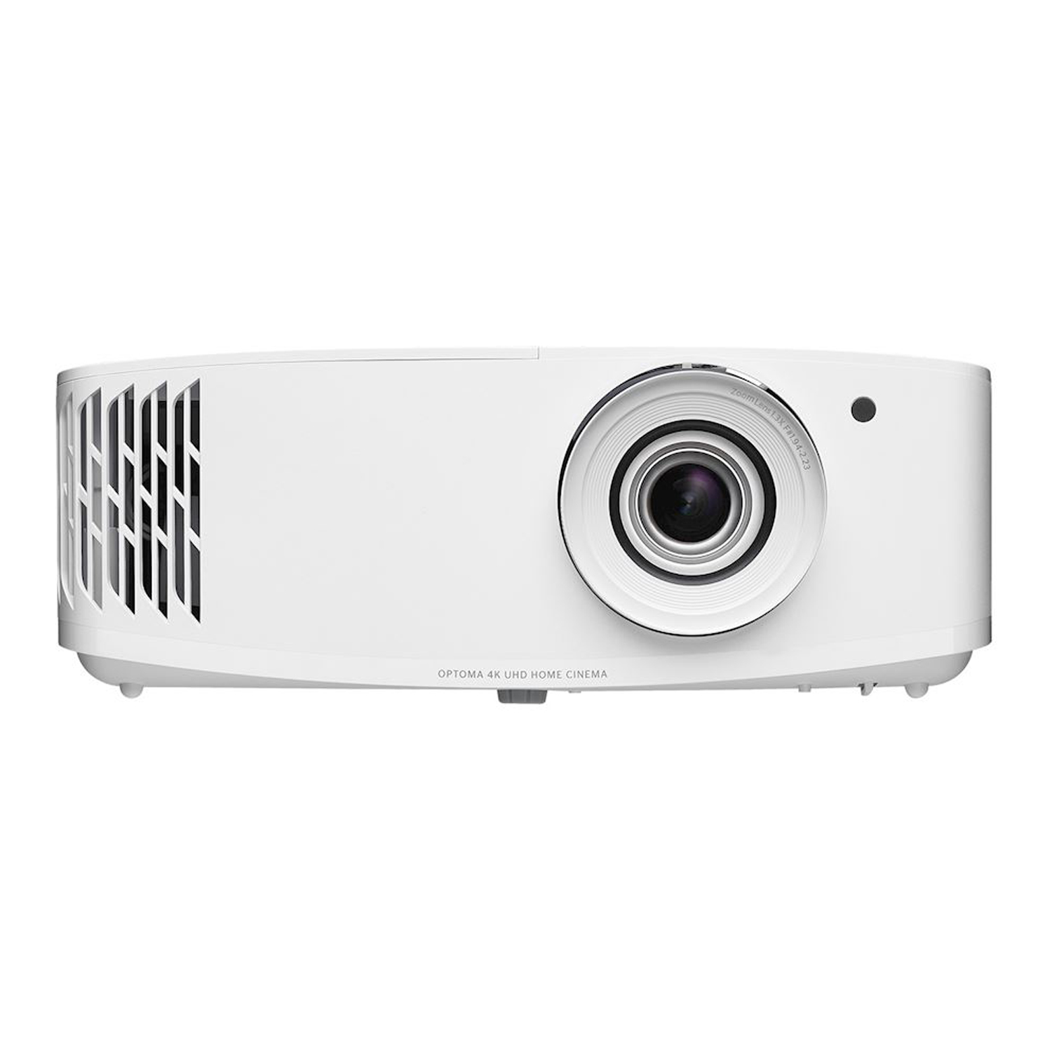 Proyector blanco con lente y texto 'OPTOMA 4K UHD HOME CINEMA'.