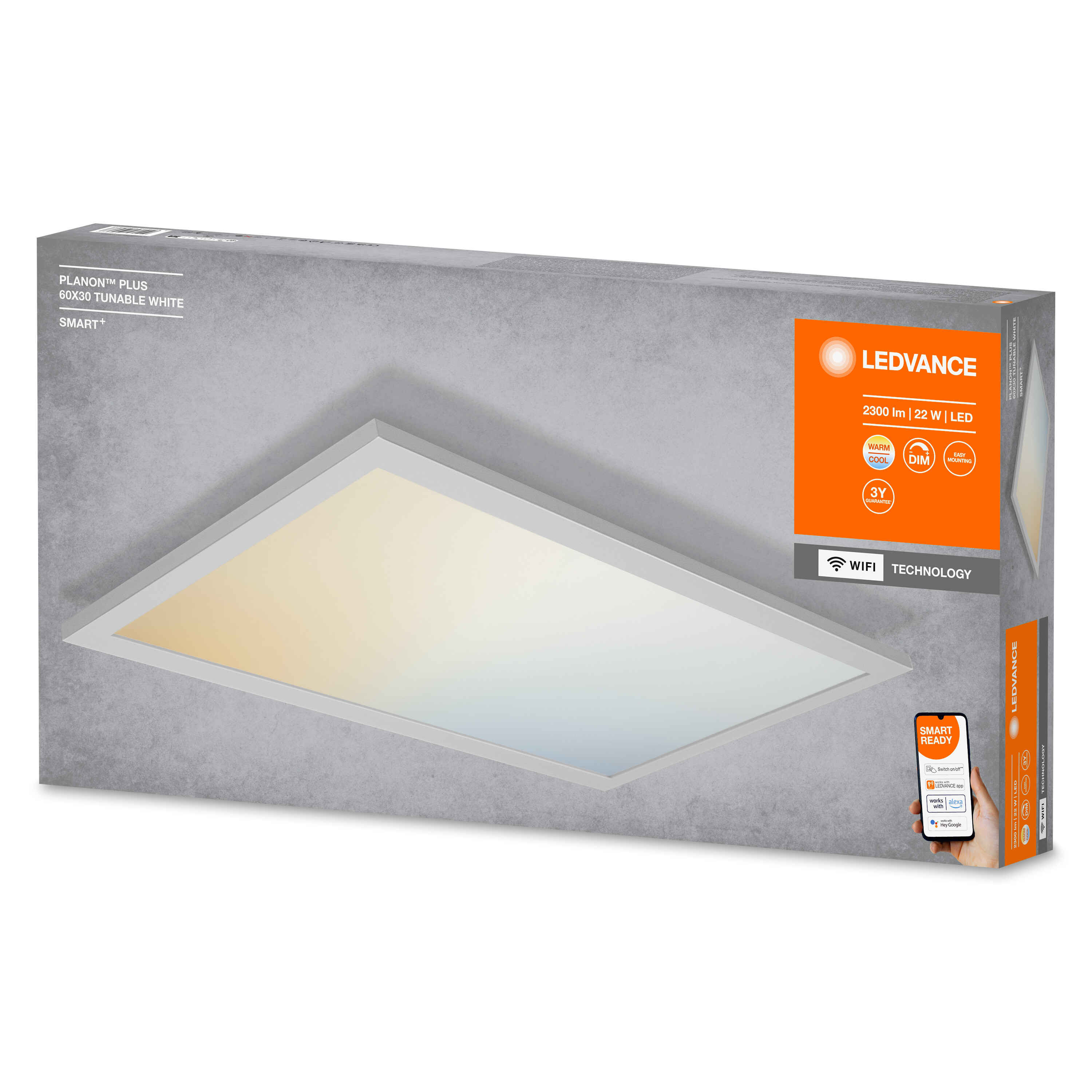 Weißes LED-Panel-Licht in einer Box mit der Aufschrift 'PLANON PLUS' auf grauem Hintergrund.