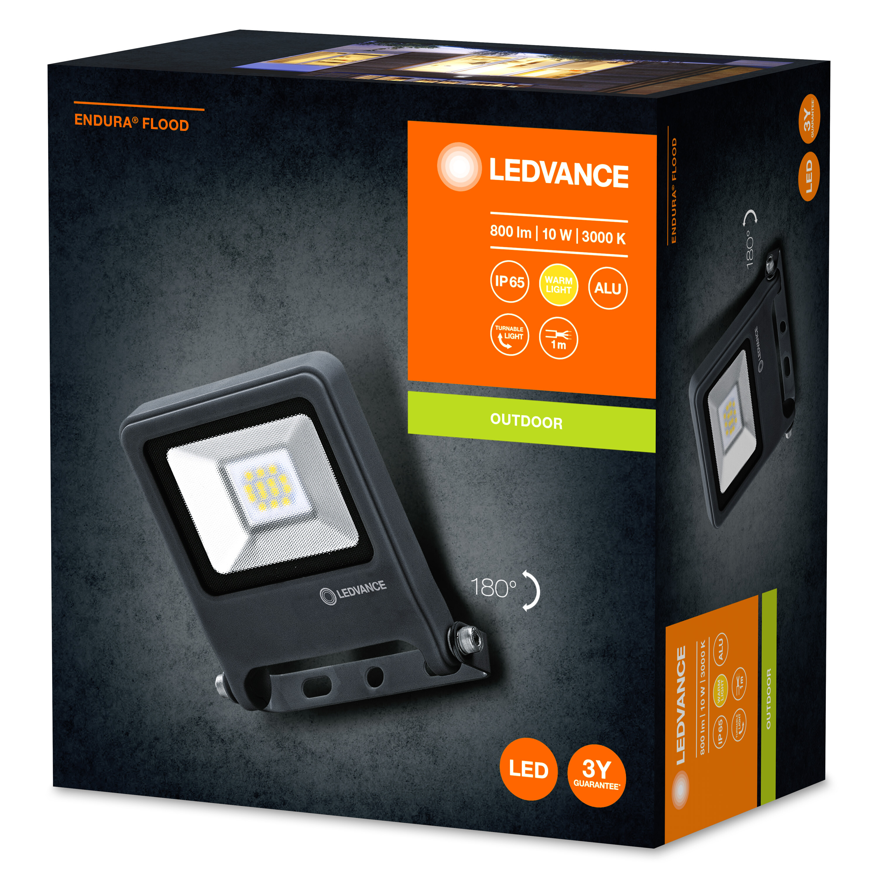 Schwarzer LED-Fluter in einer Box mit Produktdetails und einem Bild des Lichts. Boxfarben sind Schwarz und Orange.
