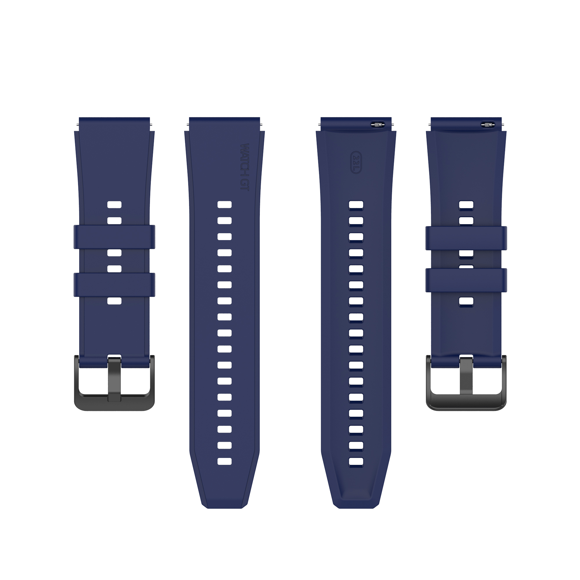 Vier Ansichten eines dunkelblauen Silikon-Uhrenarmbands mit schwarzer Schließe vor weißem Hintergrund.