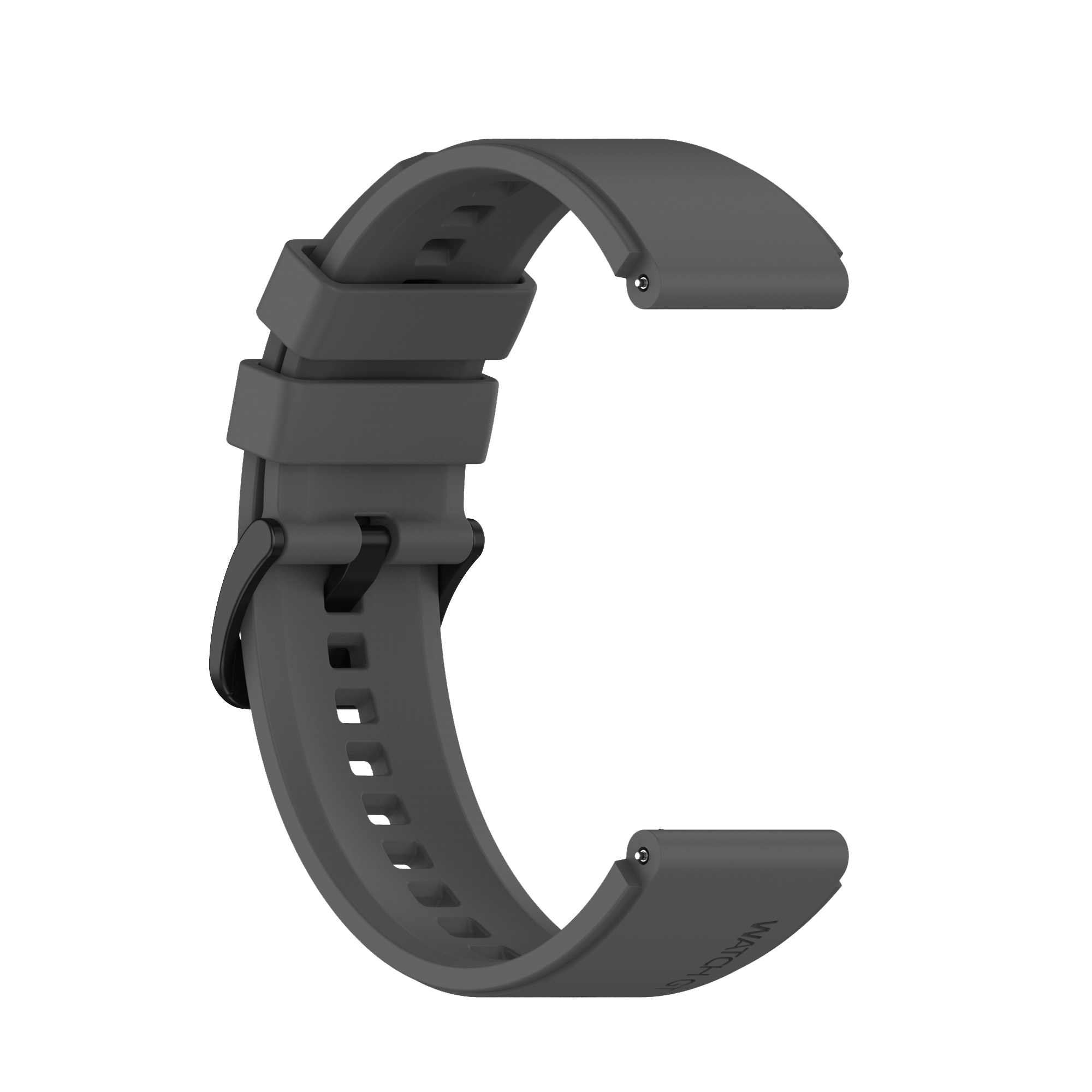 Un bracelet de montre gris est présenté. Il est en caoutchouc et possède une boucle noire.
