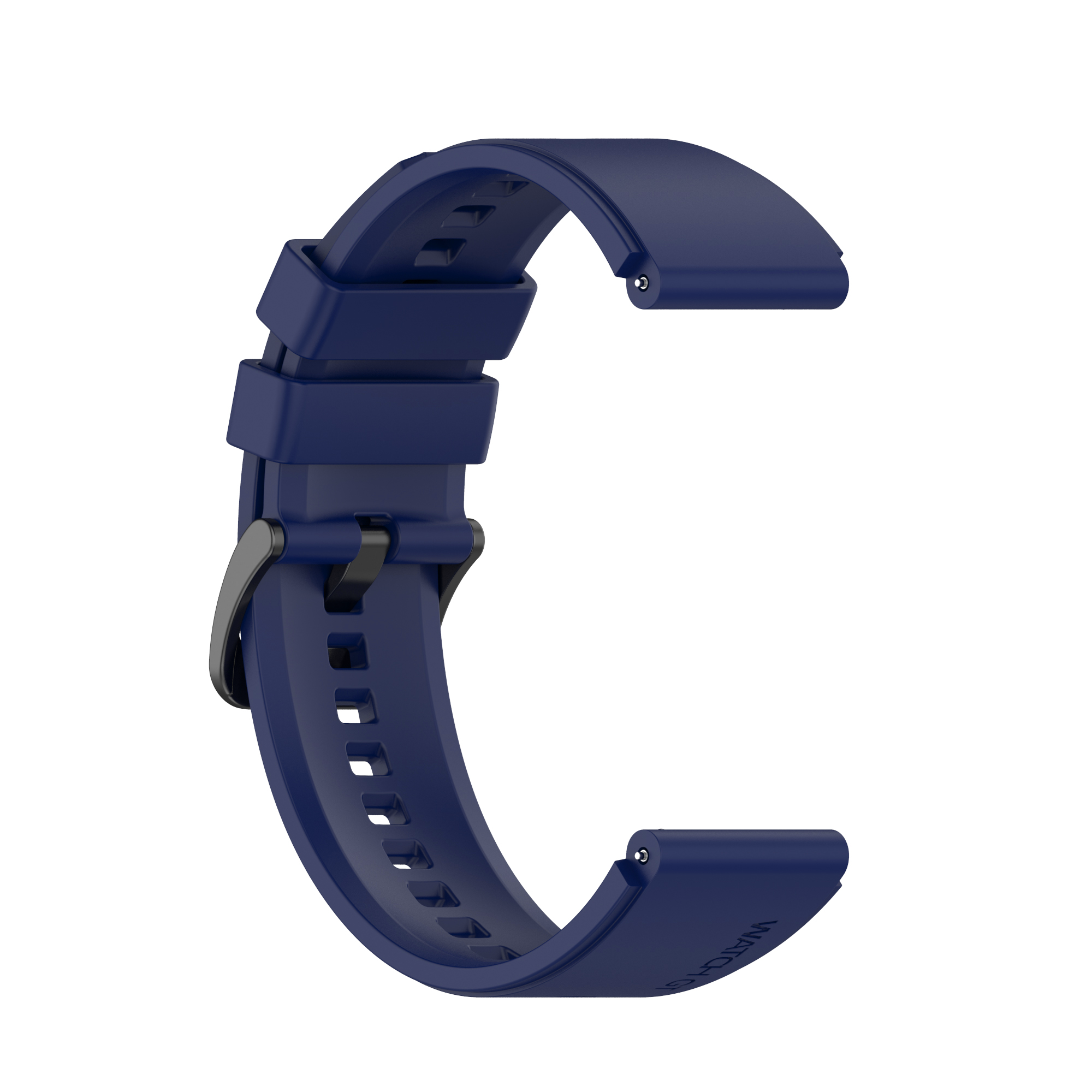 Dunkelblaues Silikon-Uhrenarmband mit einer schwarzen Schnalle auf weißem Hintergrund.