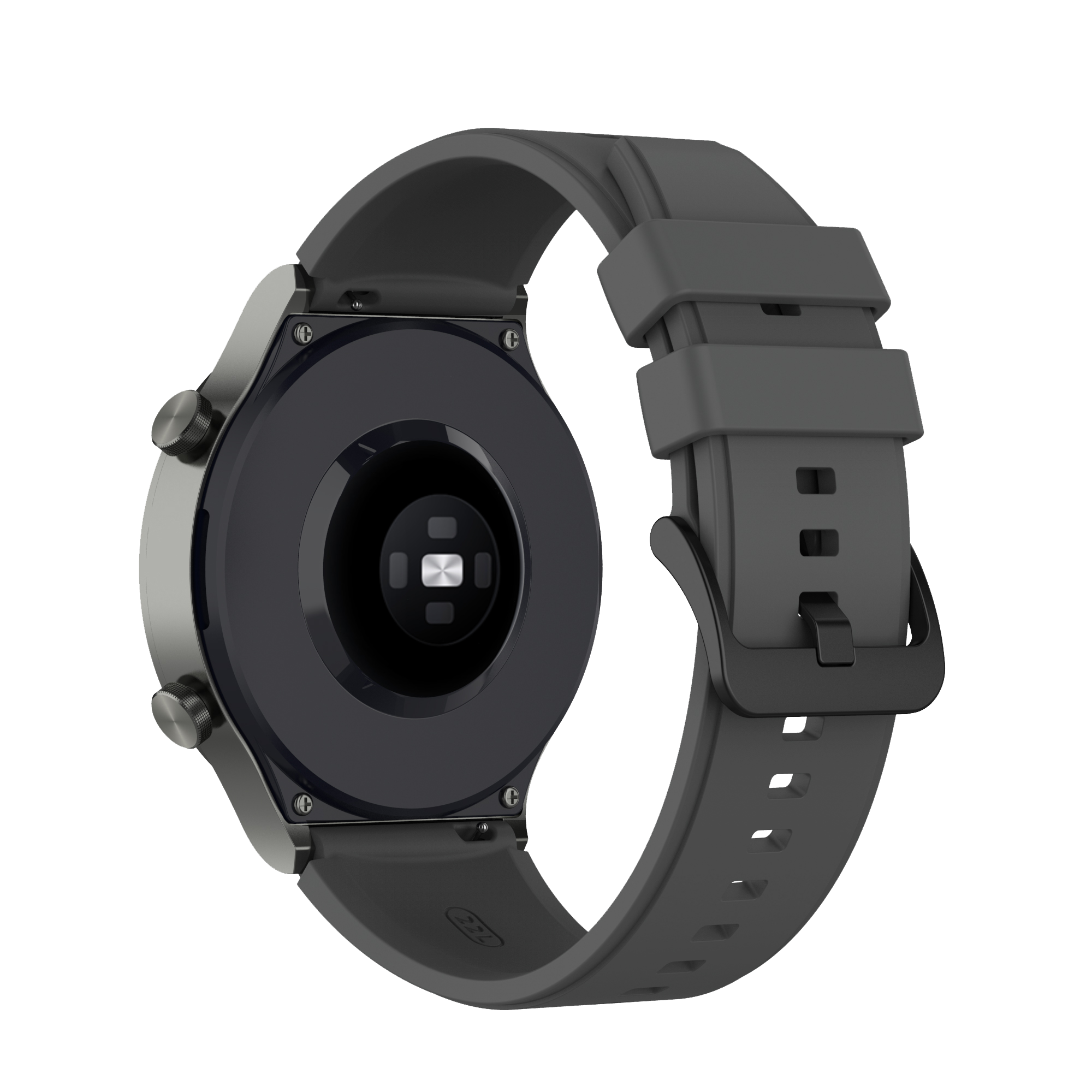 Dos d'une smartwatch grise avec un bracelet noir. La montre affiche le capteur et le bracelet est attaché.