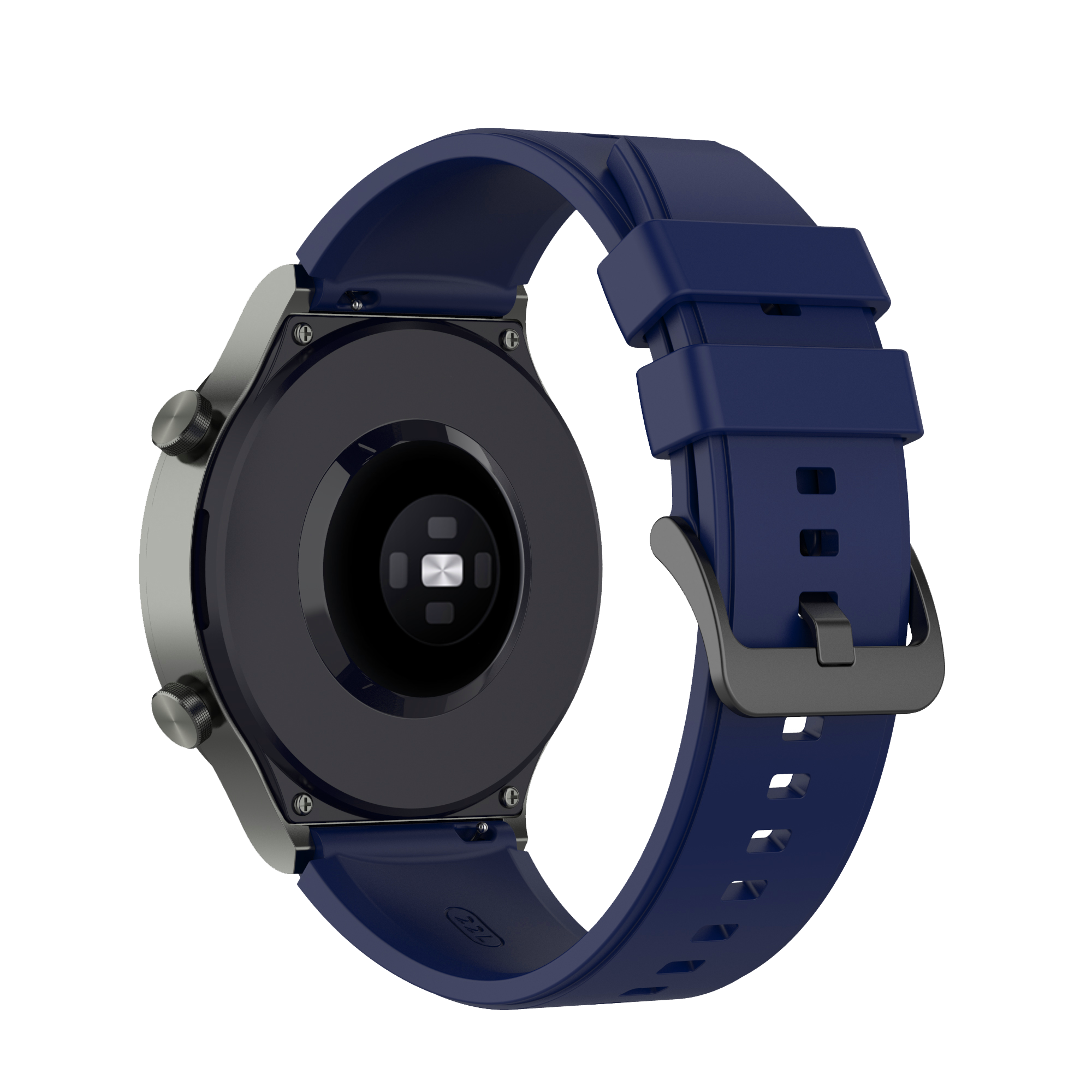 Rückseite einer Smartwatch mit dunkelblauem Silikonarmband und Sensoren vor weißem Hintergrund.