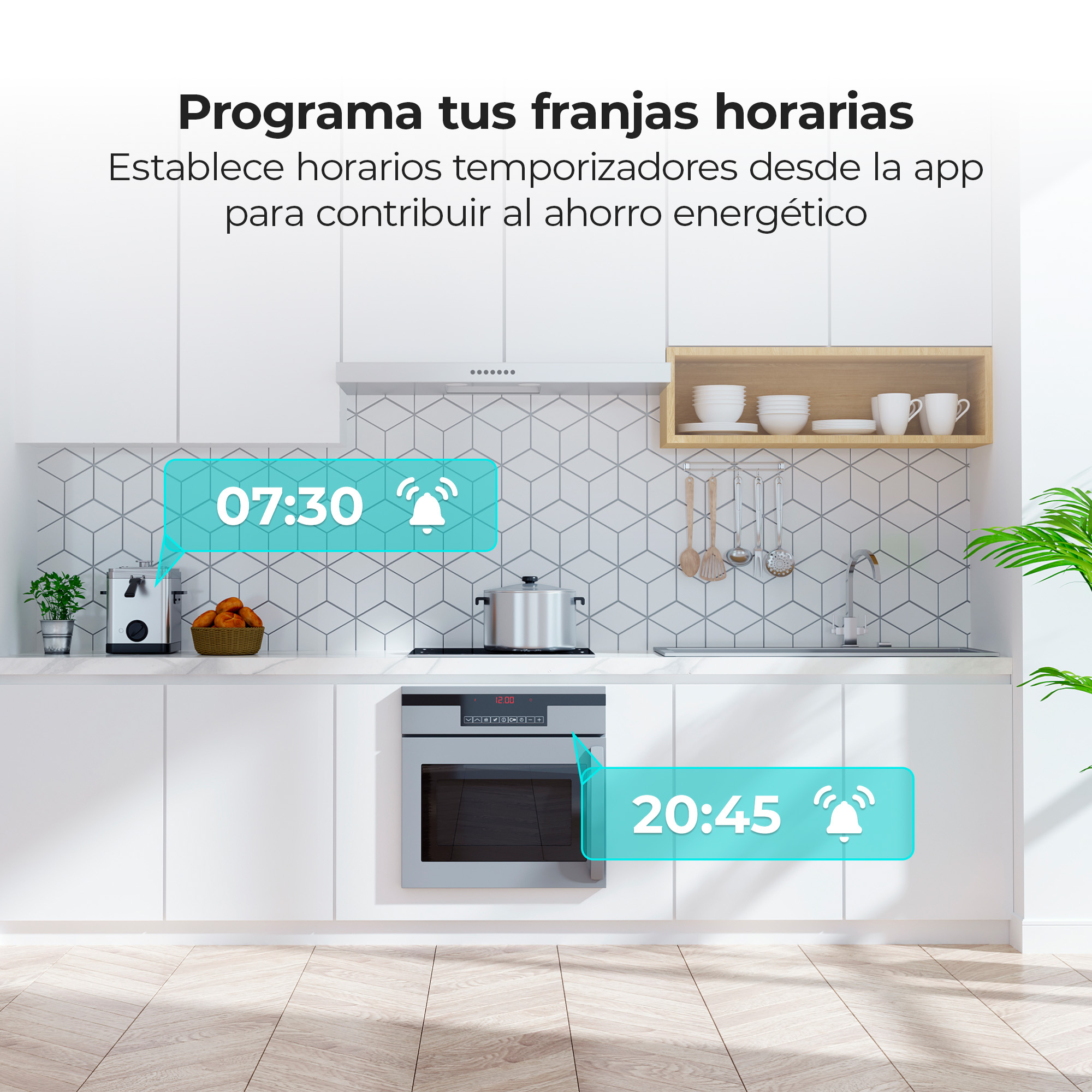Escena de cocina con visualización de temporizador. Gabinetes blancos, electrodomésticos plateados.