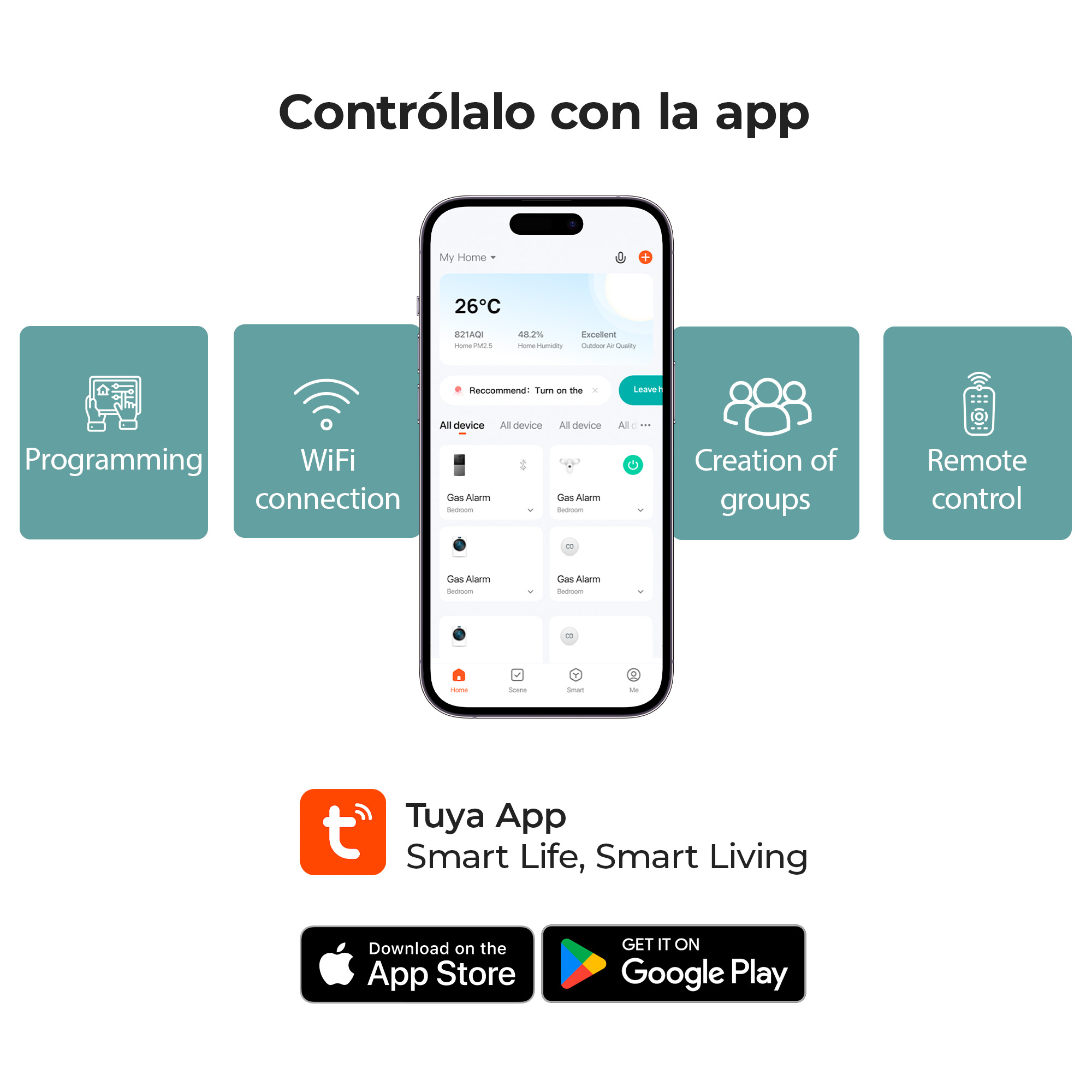 Pantalla de aplicación móvil con opciones: programación, wifi, grupos, control remoto.