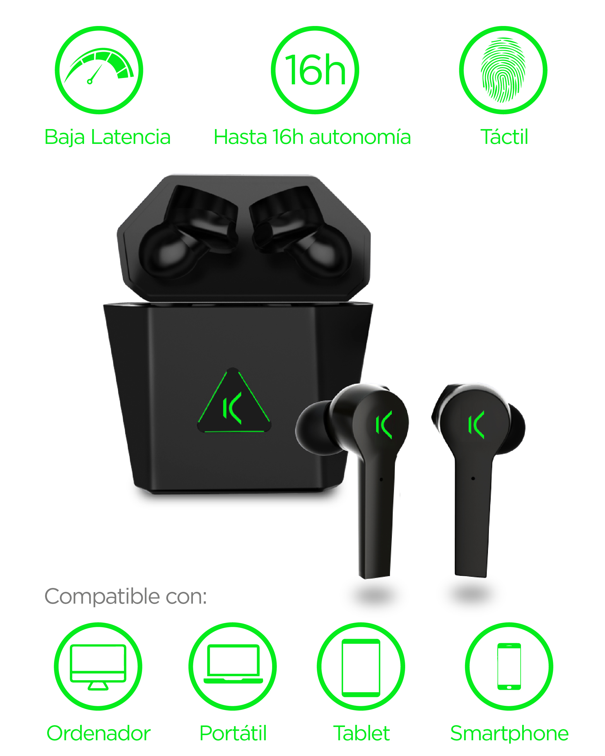 Auricolari wireless neri in una custodia di ricarica. Colore di accento verde. Le icone mostrano le funzionalità.
