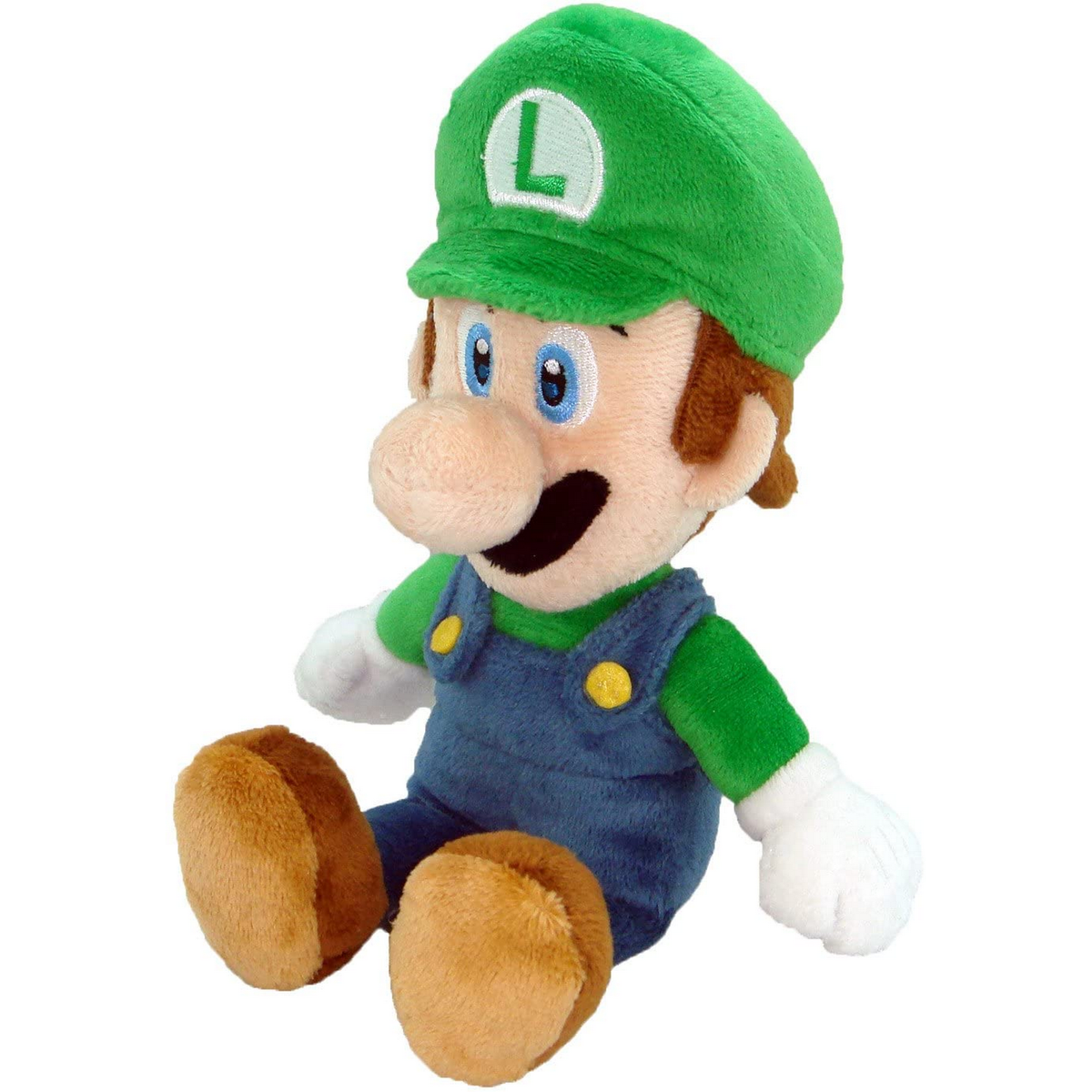 Muñeco de peluche de Luigi con gorro verde, peto azul, pelo y zapatos marrones. Fondo blanco.
