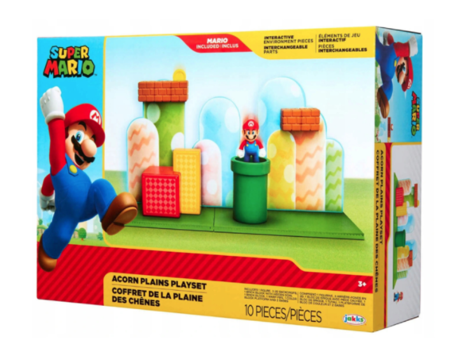 Caja de juguetes Super Mario Acorn Plains Playset con figura de Mario y estructuras de juego.