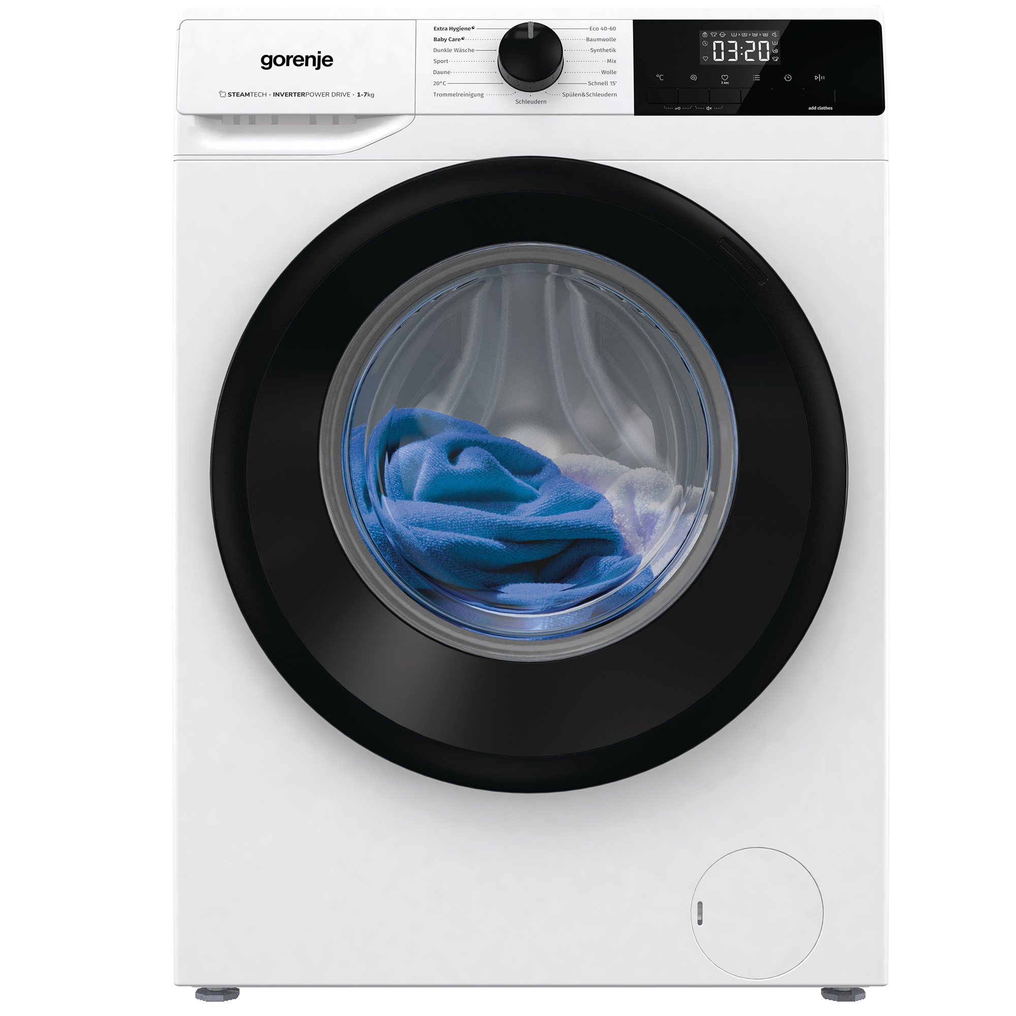 Weiße Gorenje Waschmaschine, schwarzer Türrahmen. Ein blaues Kleidungsstück ist in der Glastür sichtbar.