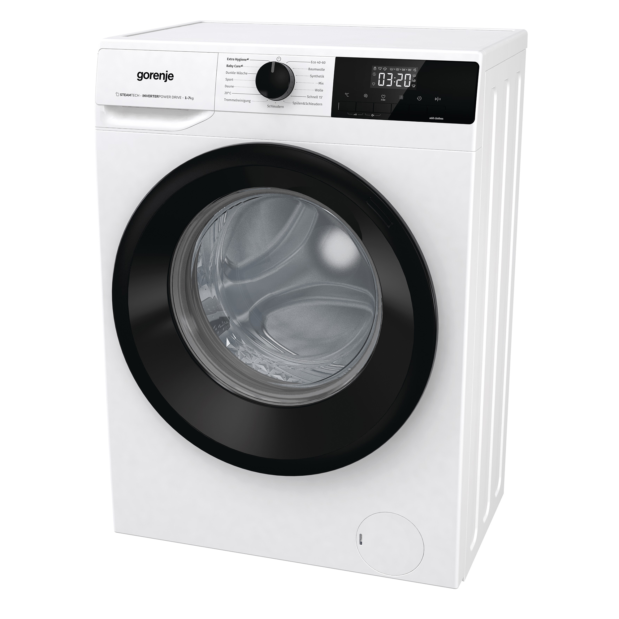 Weiße Gorenje Waschmaschine, schwarzer Türring, Bedienelemente oben.