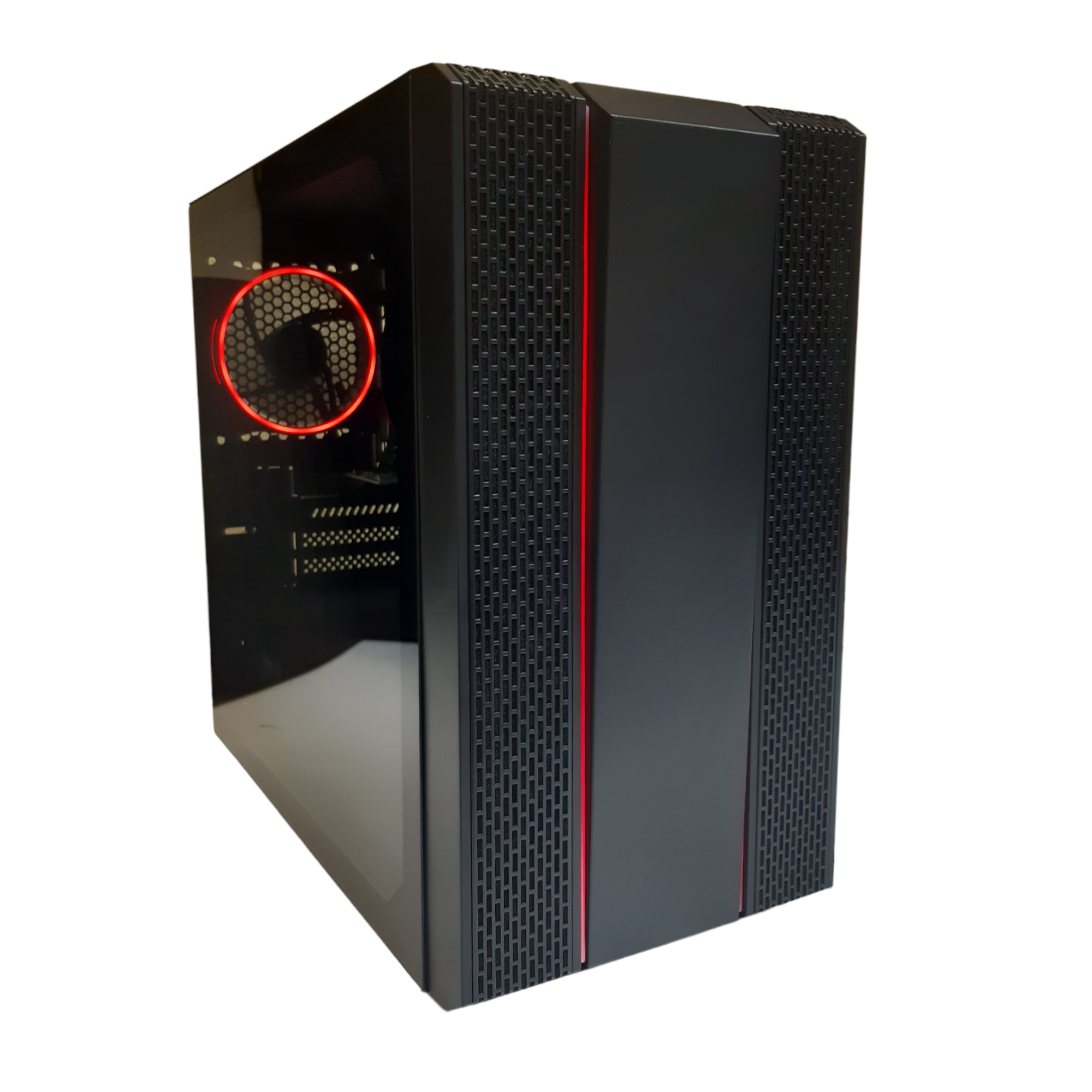 Case per computer nera con pannello laterale in vetro, luce rossa frontale e interna, sfondo bianco.