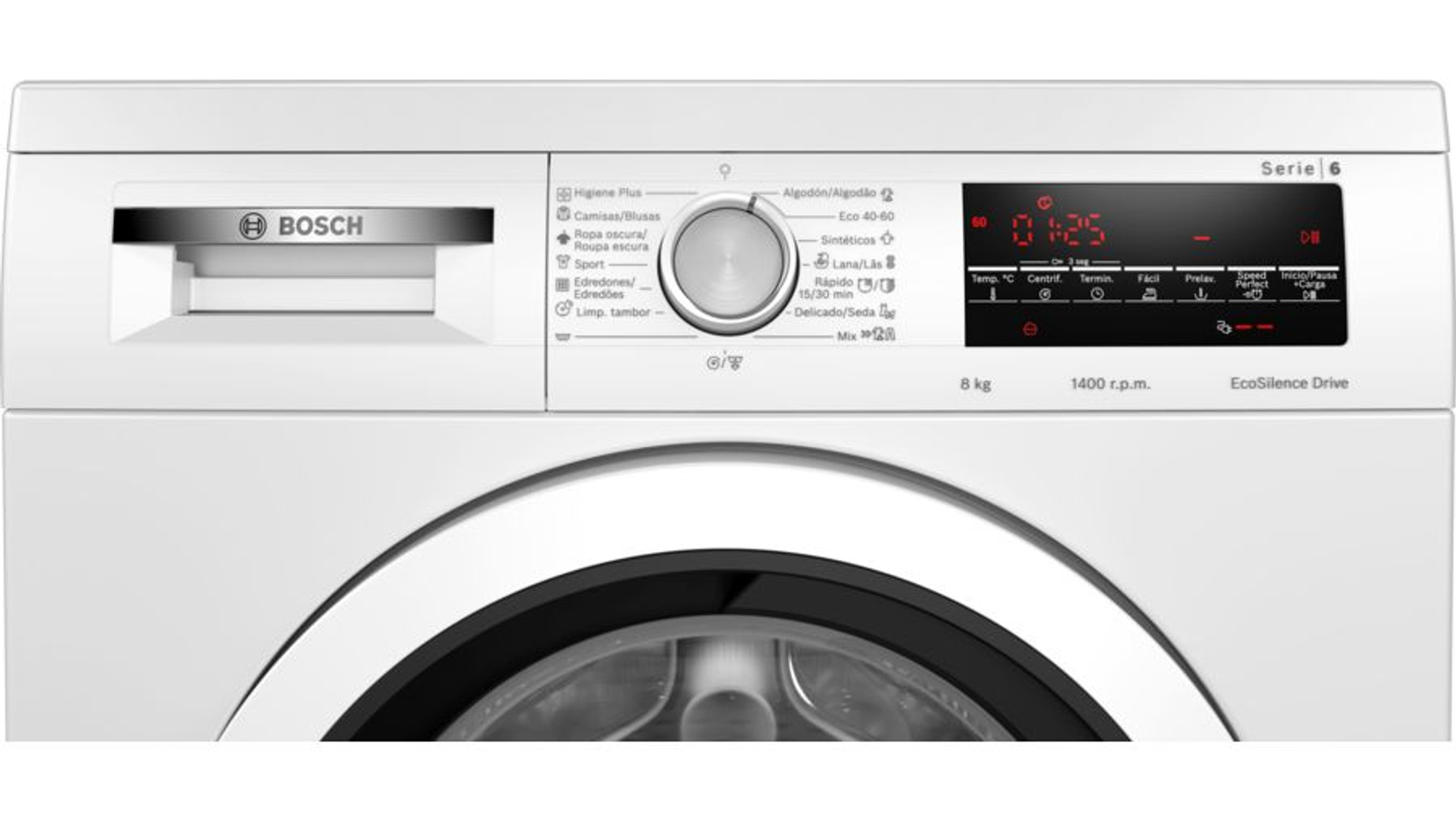 Panel sterowania białej pralki.