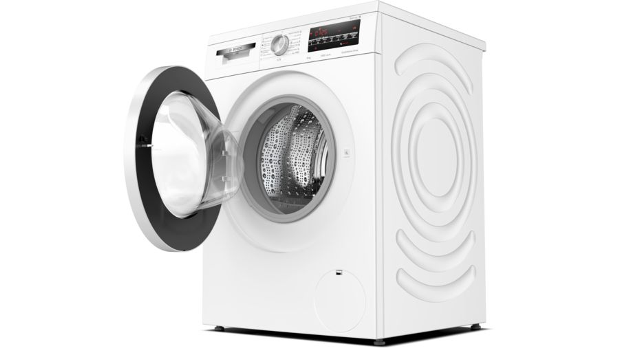 Biała pralka z otwartymi drzwiami, pokazująca bęben. Interfejs znajduje się na górze.