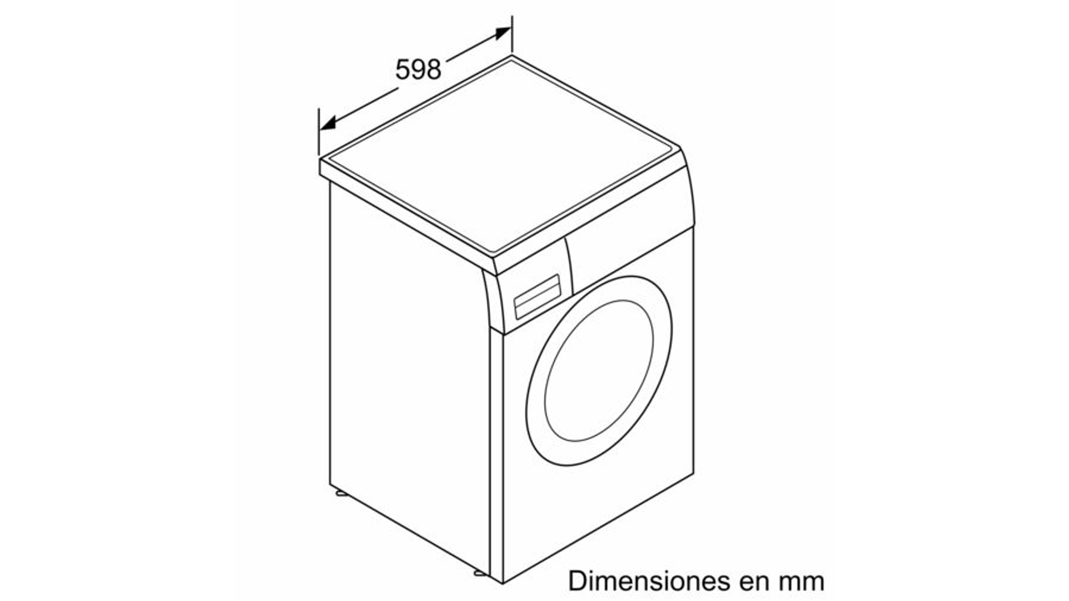 Un disegno isometrico di una lavatrice, con dimensioni in mm.