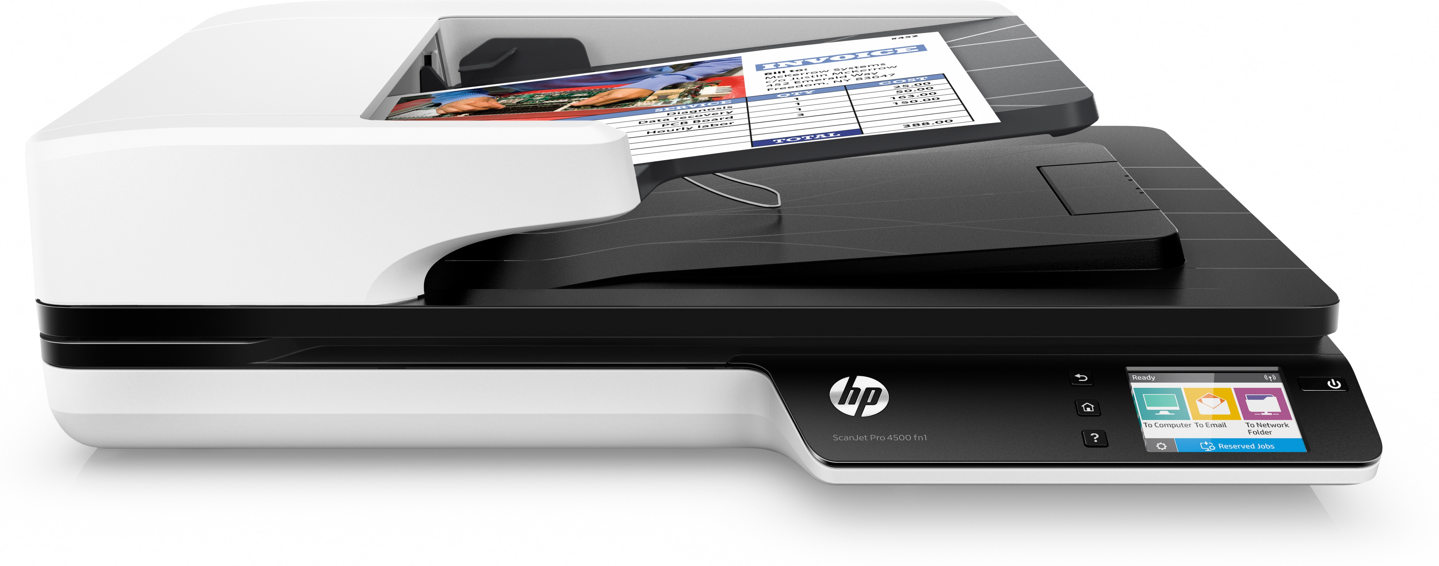 Uno scanner HP bianco e nero con documenti.