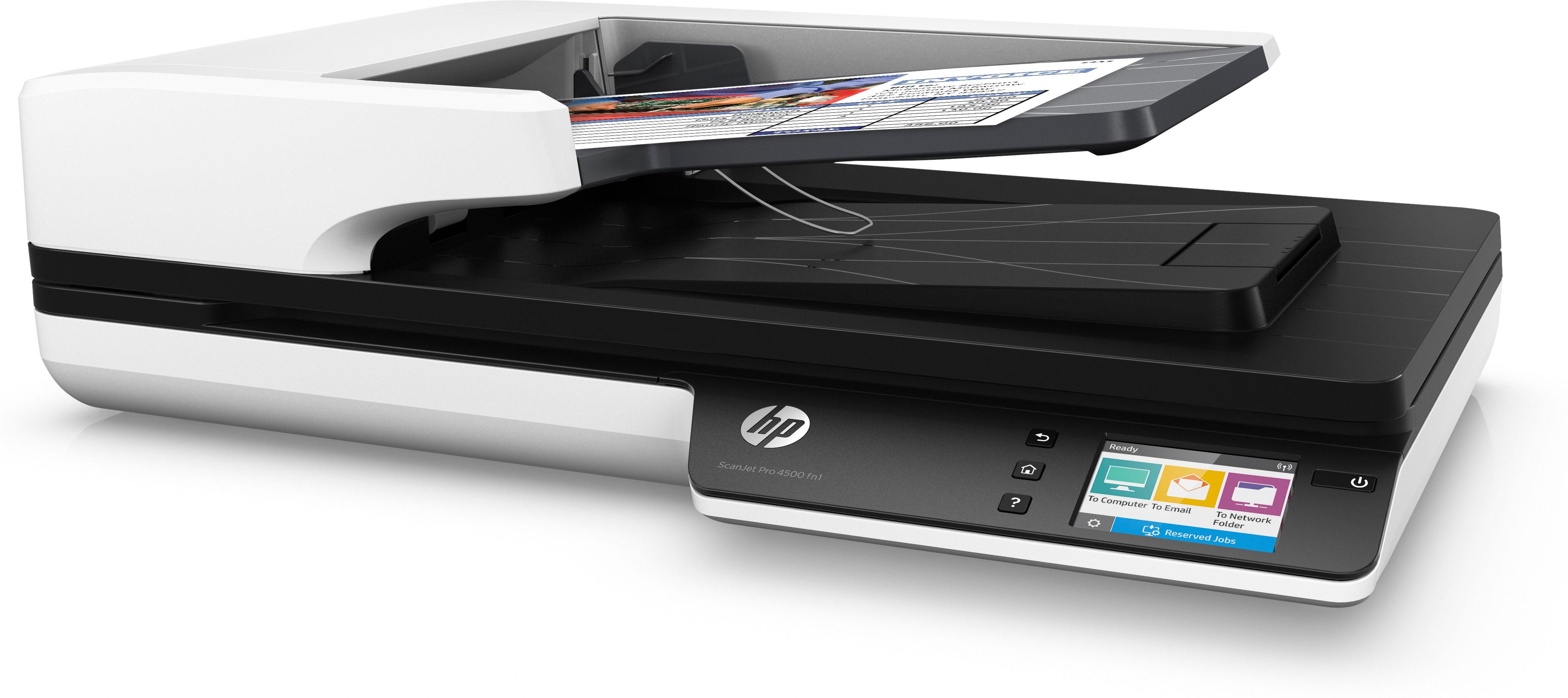 Scanner HP bianco e nero con documenti all'interno, aperto.