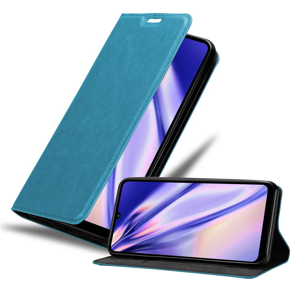 Eine blaue Handyhülle mit einem Telefon darin. Die Hülle ist offen und gibt den Bildschirm frei.